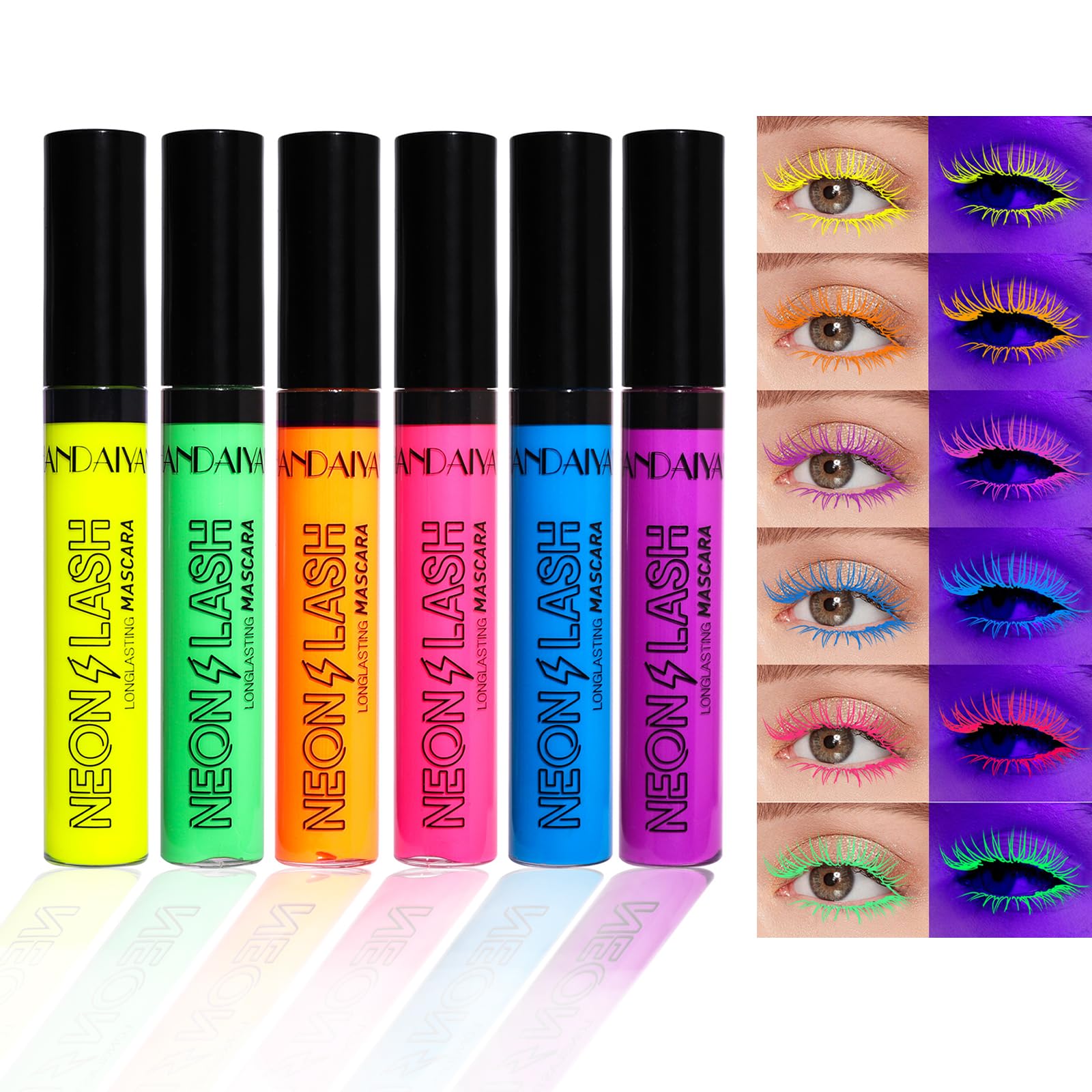 Mrettick 6 Colors Matte Liquid Mascara Set Colorful Uv Neon Mascara Pencil Pigmented Waterproof Smudgeproof Long Lasting Eye Lin
