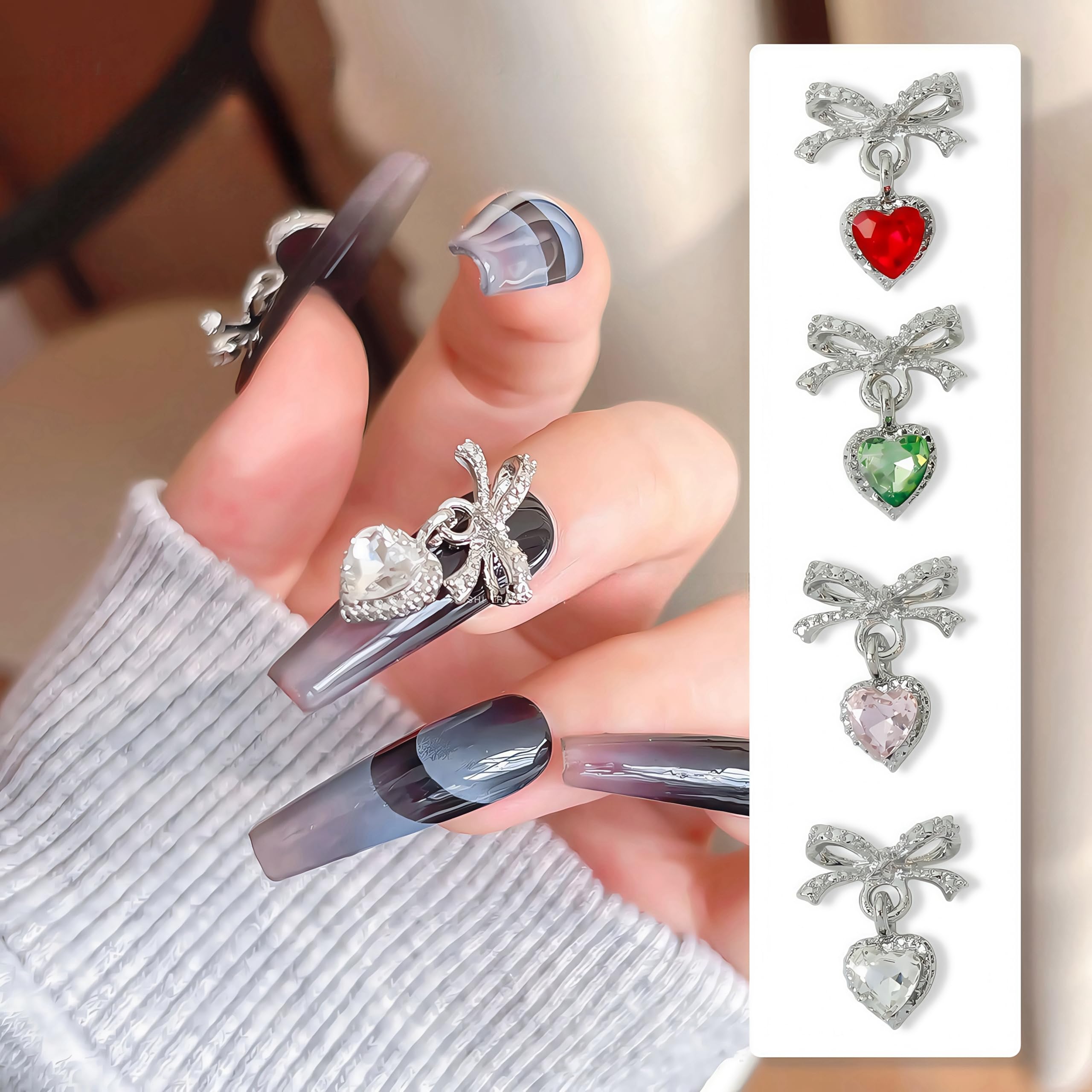 12Pcs Heart Nail Charms 3D Silver Bow Nail Art Charms Luxury Heart Rhinestones for Nails Valentine's Day 3D Crystal Alloy Red Si