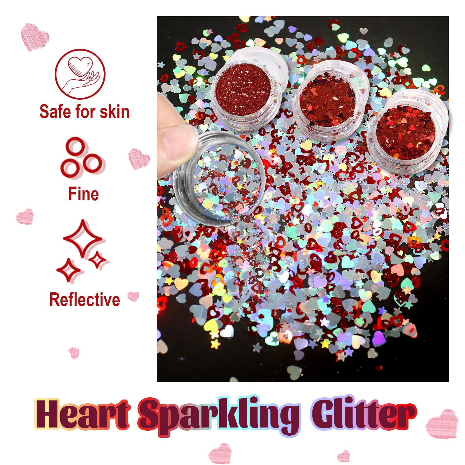 Allstarry Heart Glitter Nail Art Sequins, 4 Colors Holographic Heart Shaped Confetti 3D Red Lip Star Nail Flake For Valentine'S