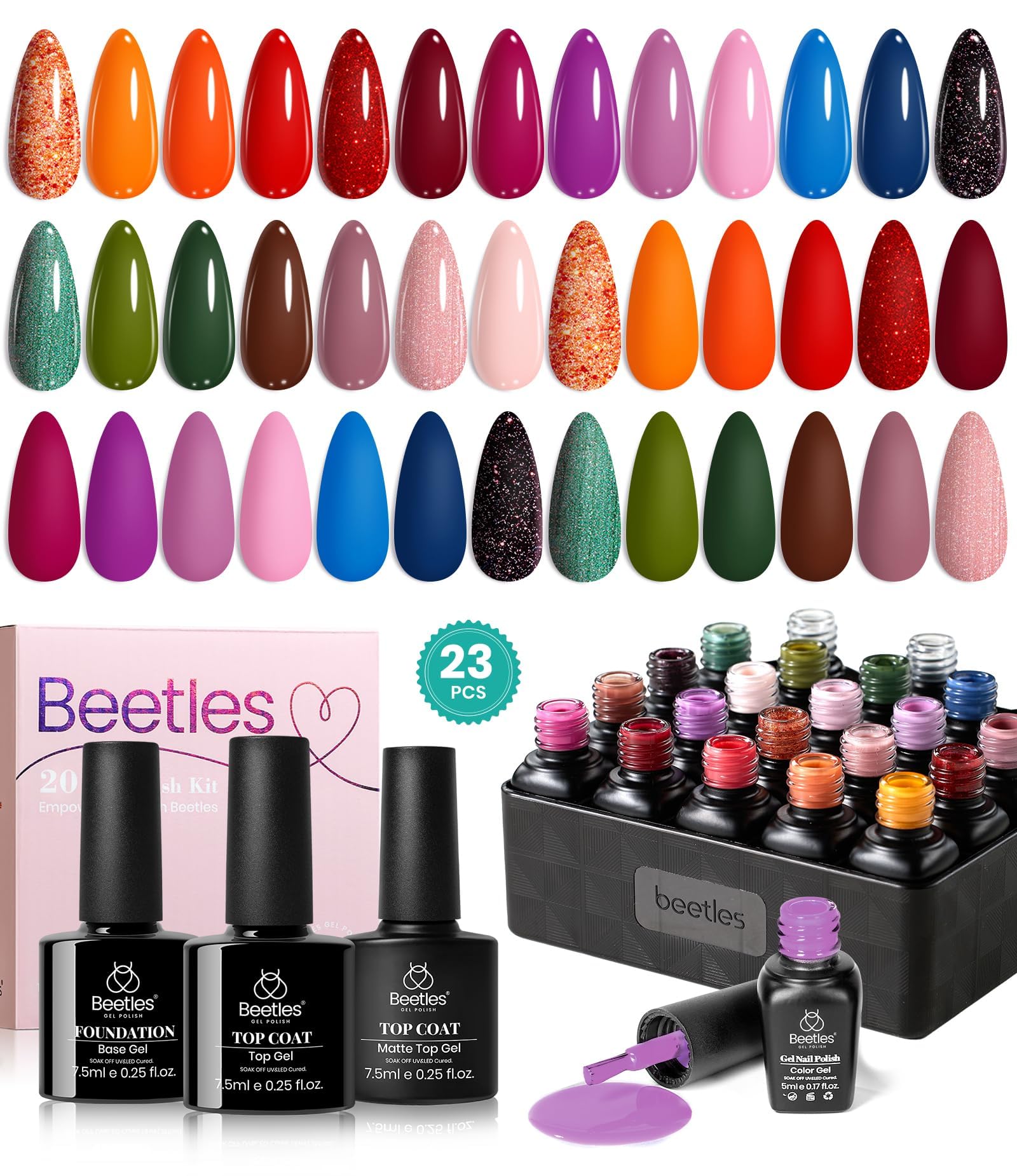 Beetles Spring Gel Nail Polish Set,23 pcs Green Brown Burgundy Purple Blue Pink Gel Polish Set DIY Home Soak Off UV Gel Kit with