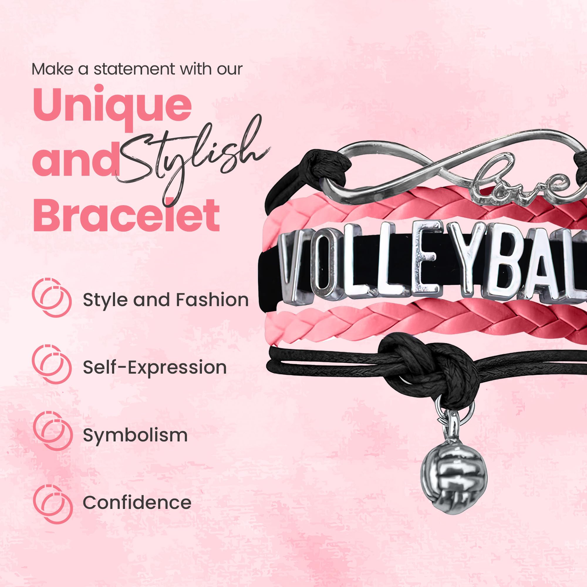 Sportybella Volleyball Bracelet, Black and Pink Adjustable Infinity Love Charm Bracelet, Volleyball Jewelry and Accessories, Gif