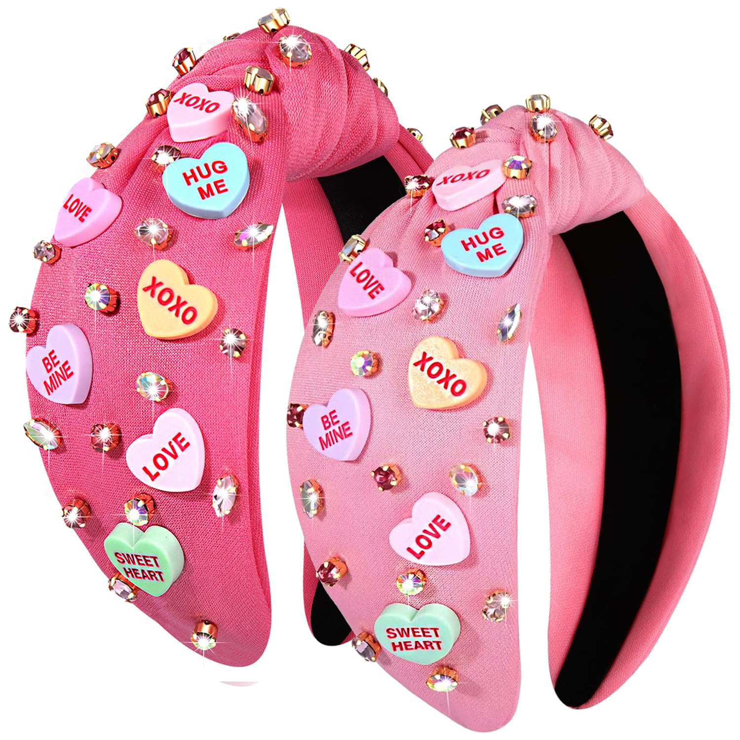 CEALXHENY Hairband, 2PCS Valentine's Day Headbands Accessories for Women Red Pink Beaded Heart Headband Jeweled Rhinestone Cryst
