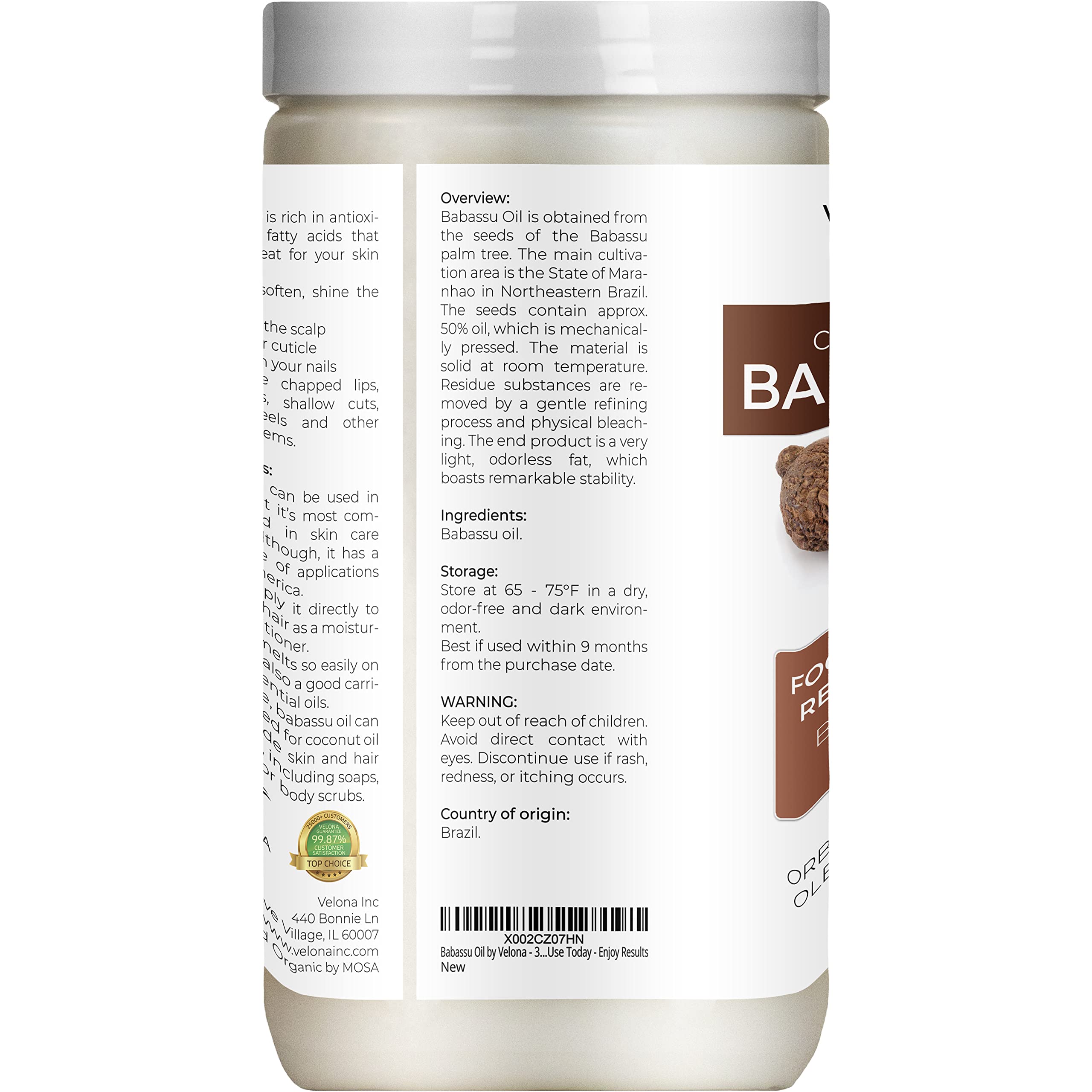 Velona Babassu Oil Usda Certified Organic - 64 Oz | 100% Pure And Natural Carrier Oil | Refined, Cold Pressed