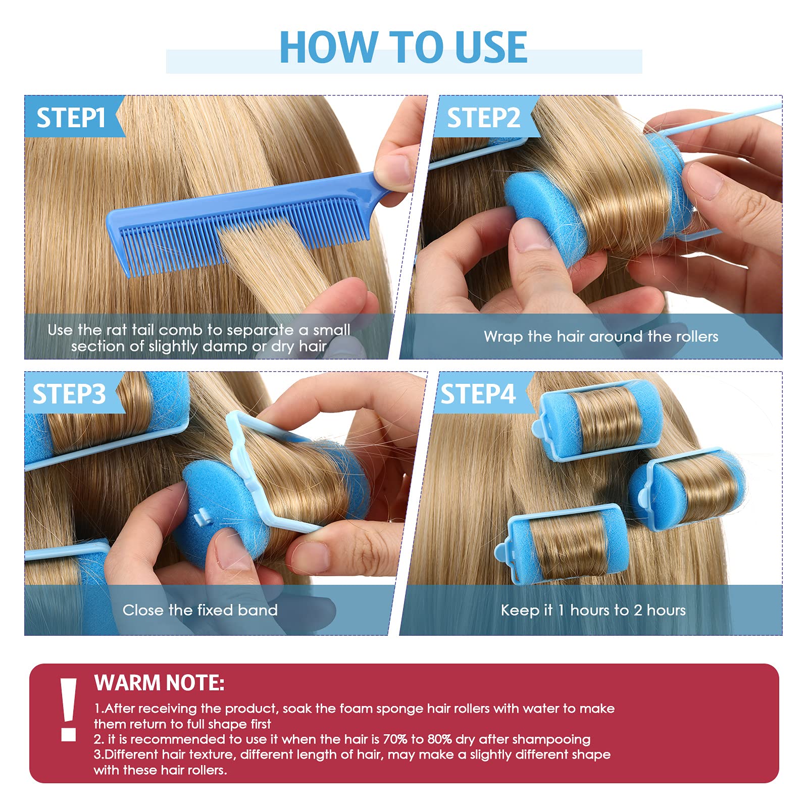 Syhood 12 Pcs Jumbo Soft Hair Rollers 1.89 Inch With Flexible Foam For Sleeping And Styling, Includes Stainless Steel Rat Tail C