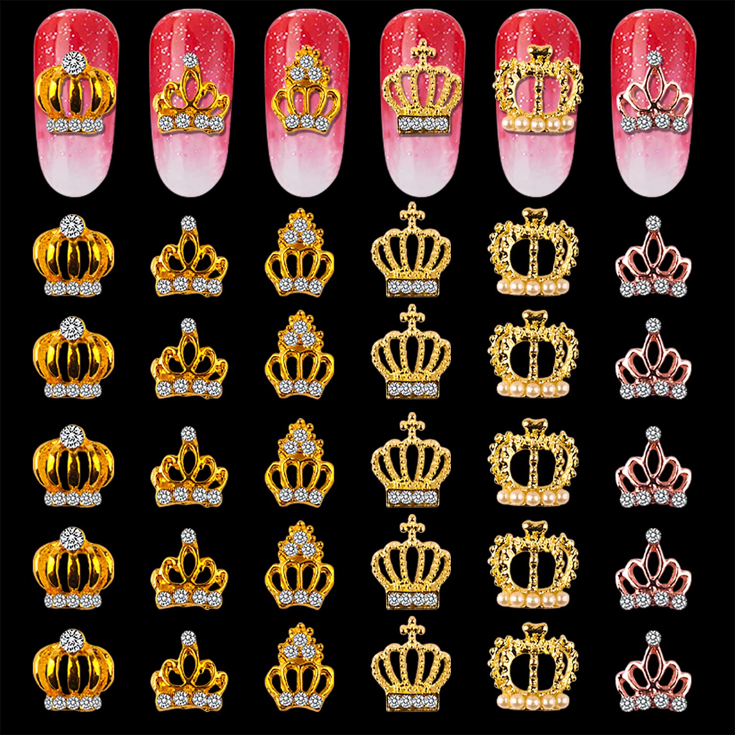WOKOTO 30Pcs Luxury 3d Gold Crown Nail Charms For Nail Art 3d Charms For Women Nails Alloy Crown Nail Jewels Diamonds For Nails 