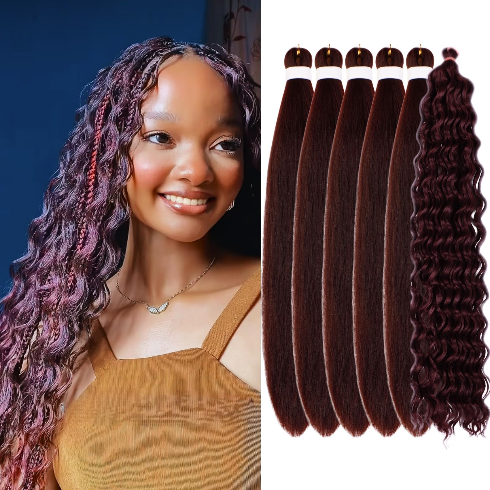 Dark Burgundy Braiding Hair Pre Stretched Knotless Braiding Hair for Boho Braids(6 Packs)