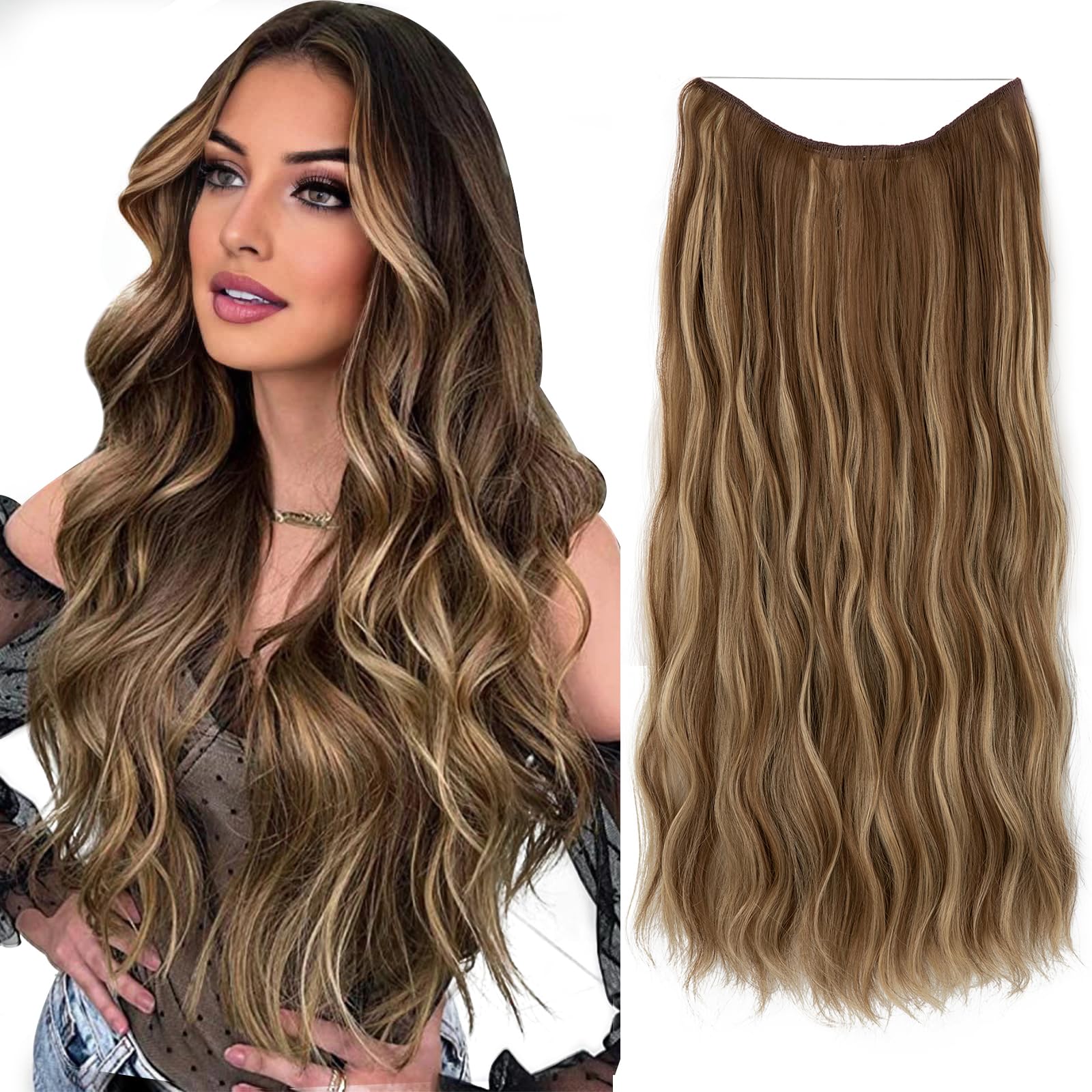 Sarla Invisible Wire Hair Extension With 3 Clips Synthetic Long Beach Wave Hairpiece Transparent Adjustable Headband For Women 2
