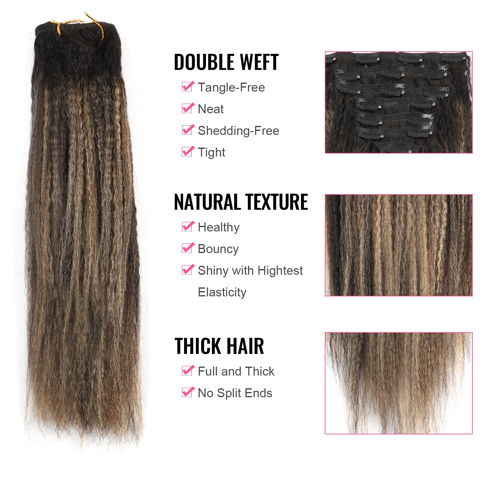 Abh Amazingbeauty Hair Kinky Straight Clip In Hair Extensions Rooted Black Piano Natural Black #1B Fading Into Caramel Blonde #2