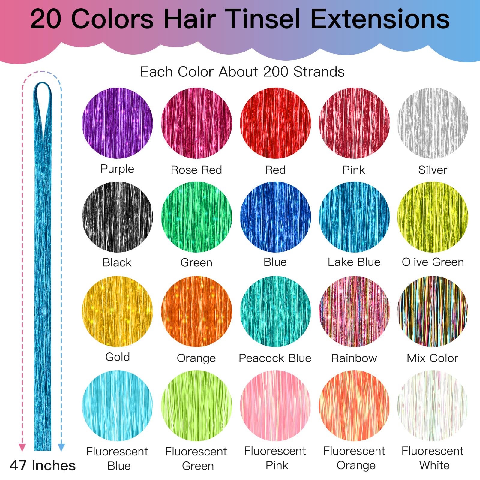Plulon 20 Colors Hair Tinsel Kit With Tools 4000 Strands 47 Inches Tinsel Hair Extensions Glitter Fairy Hair Extensions Tinsel K