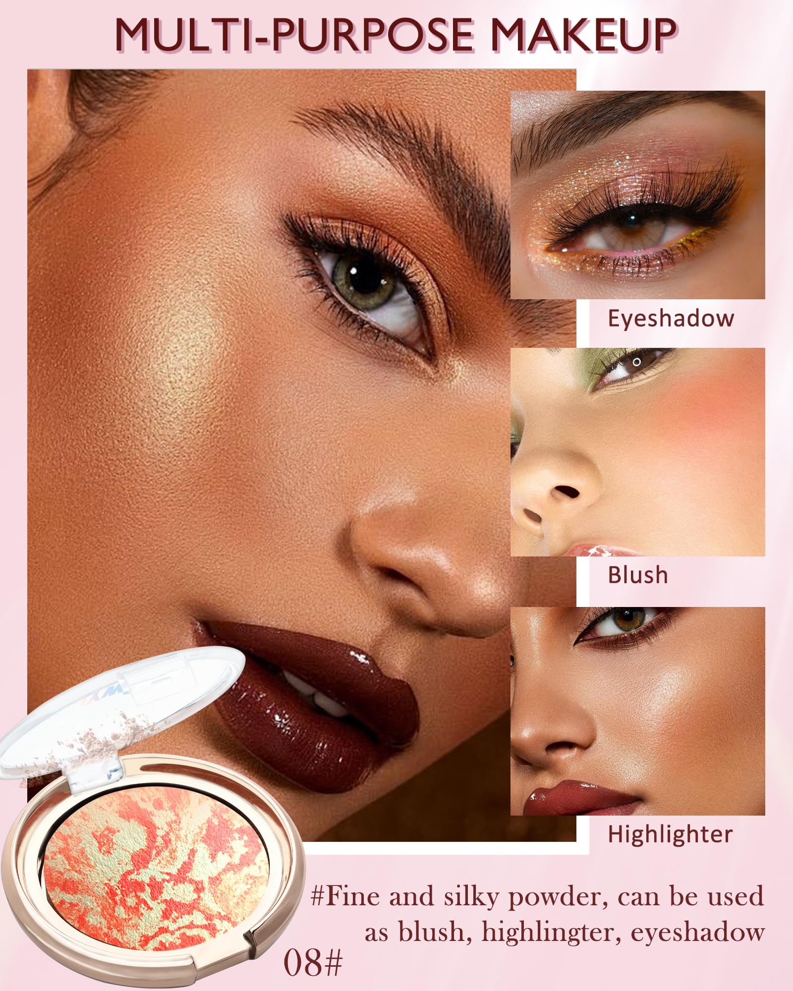 Baked Blush-Brighten Glow Marbleized Blush Powder Palette,Lightweight Shimmery Cruelty-Free Blush For Cheeks,Eyeshadow & Highlig