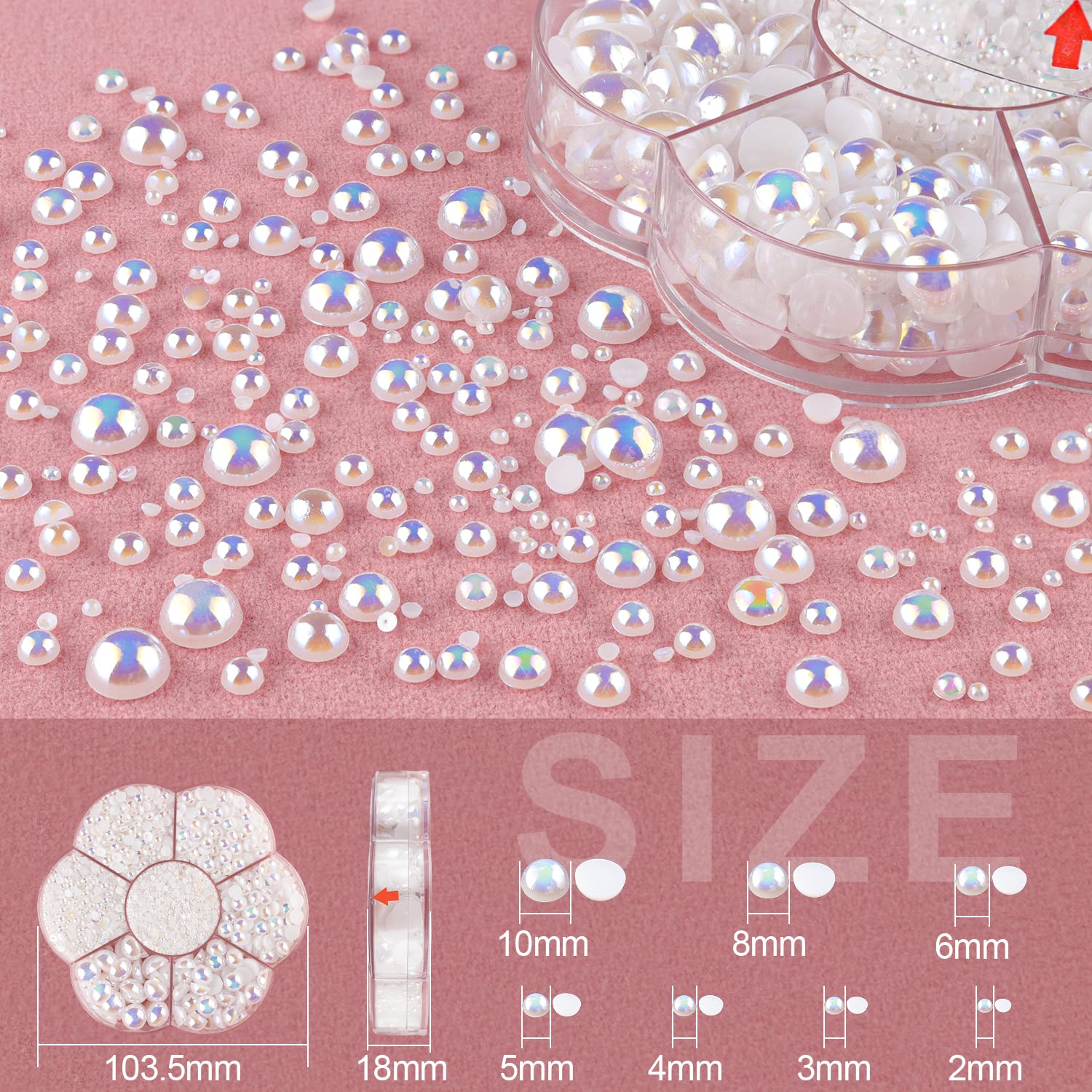 Nail Art Flat Back Half Round Pearl Kits 11, 1 Box of 5600 Pcs Flat-Back gold Pearl with Tweezer and Picker Pencil for Home DIY