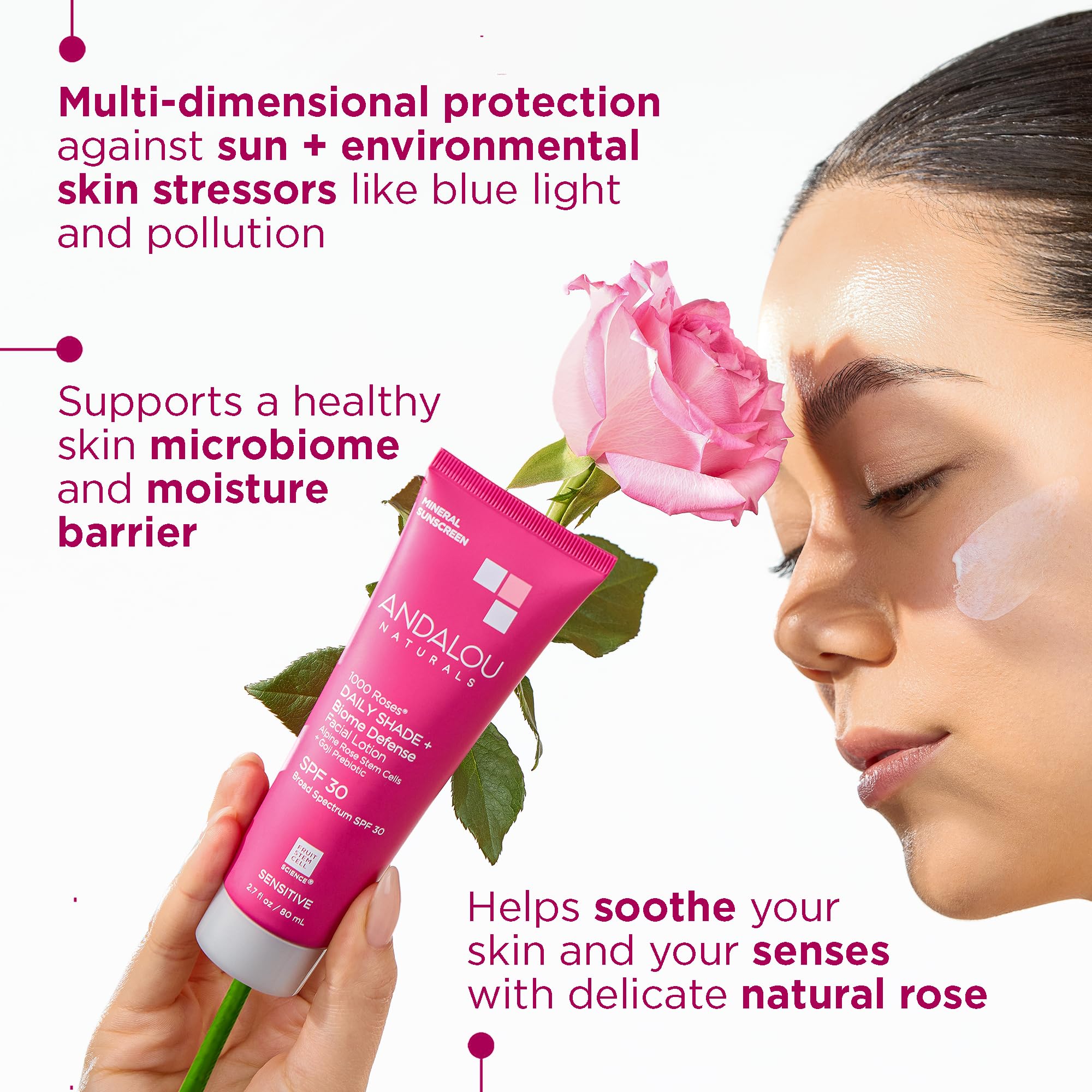 Andalou Naturals Daily Shade Face Sunscreen, 1000 Roses, Spf 30 Mineral Sunscreen With Zinc Oxide, Skin Barrier Defense + Broad