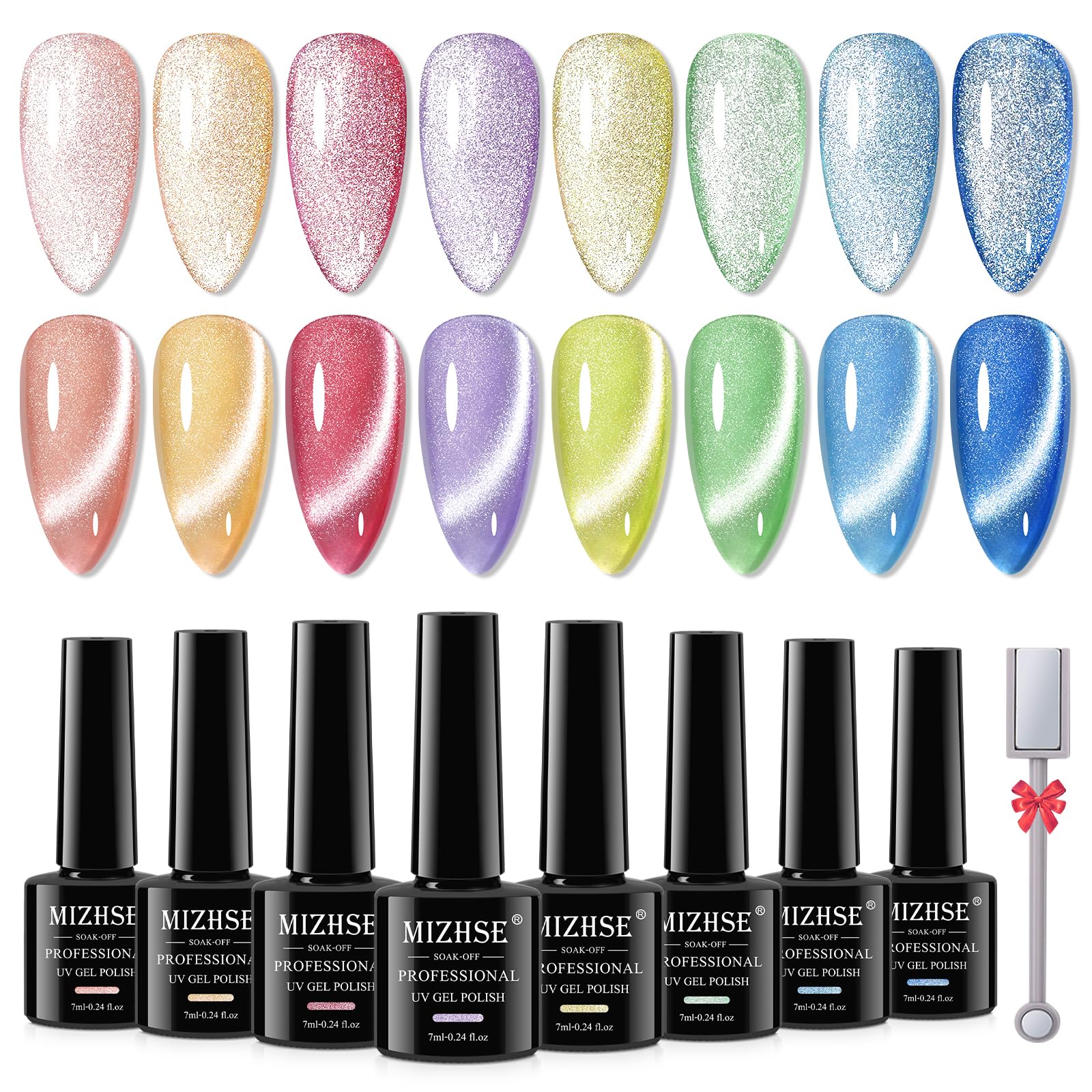 Mizhse Cat Eye Gel Nail Polish: 8 Colors Smoothie Magnetic Gel Polish Kit With Magnet Stick, Shimmery Glitter Neon Colors Green