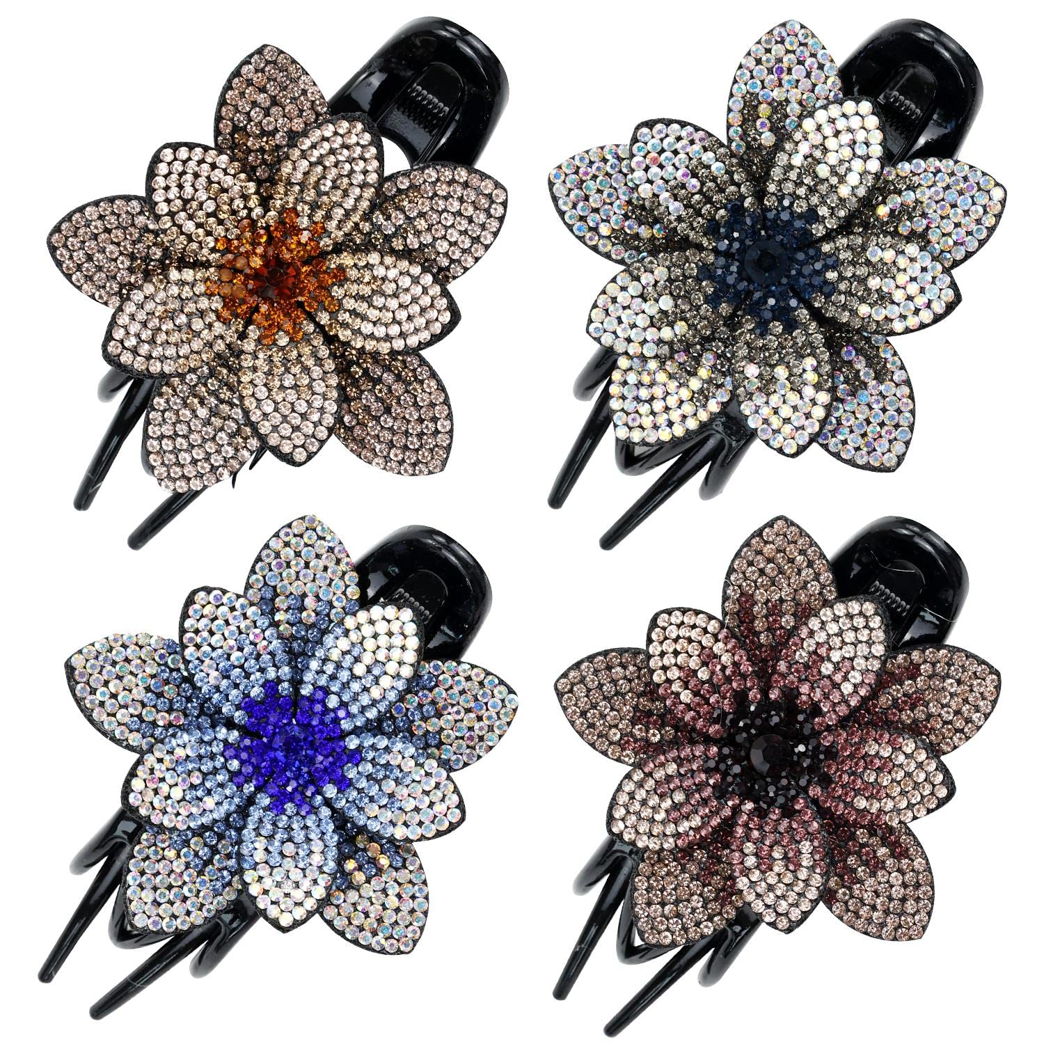 Insowni 4 Pack Luxury Fancy Decorative Glitter Sparkly Crystals Rhinestones Big Flower Hair Claws Clips Barrettes Hairpins Clamp