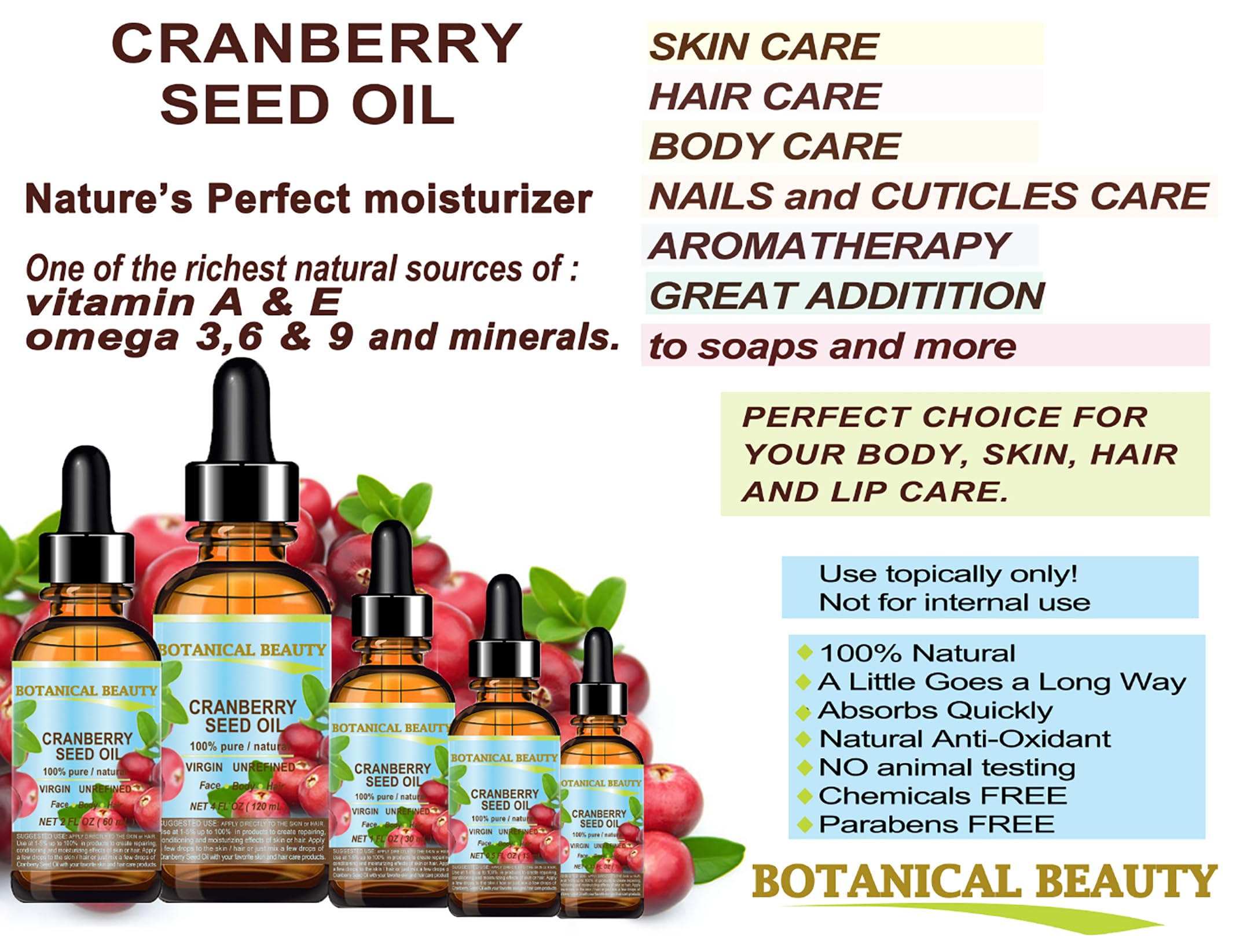 Cranberry Seed Oil 100% Pure/Natural. Cold Pressed/Undiluted. For Face, Hair And Body. 0.33 Fl.Oz.- 10 Ml. By Botanical Beauty