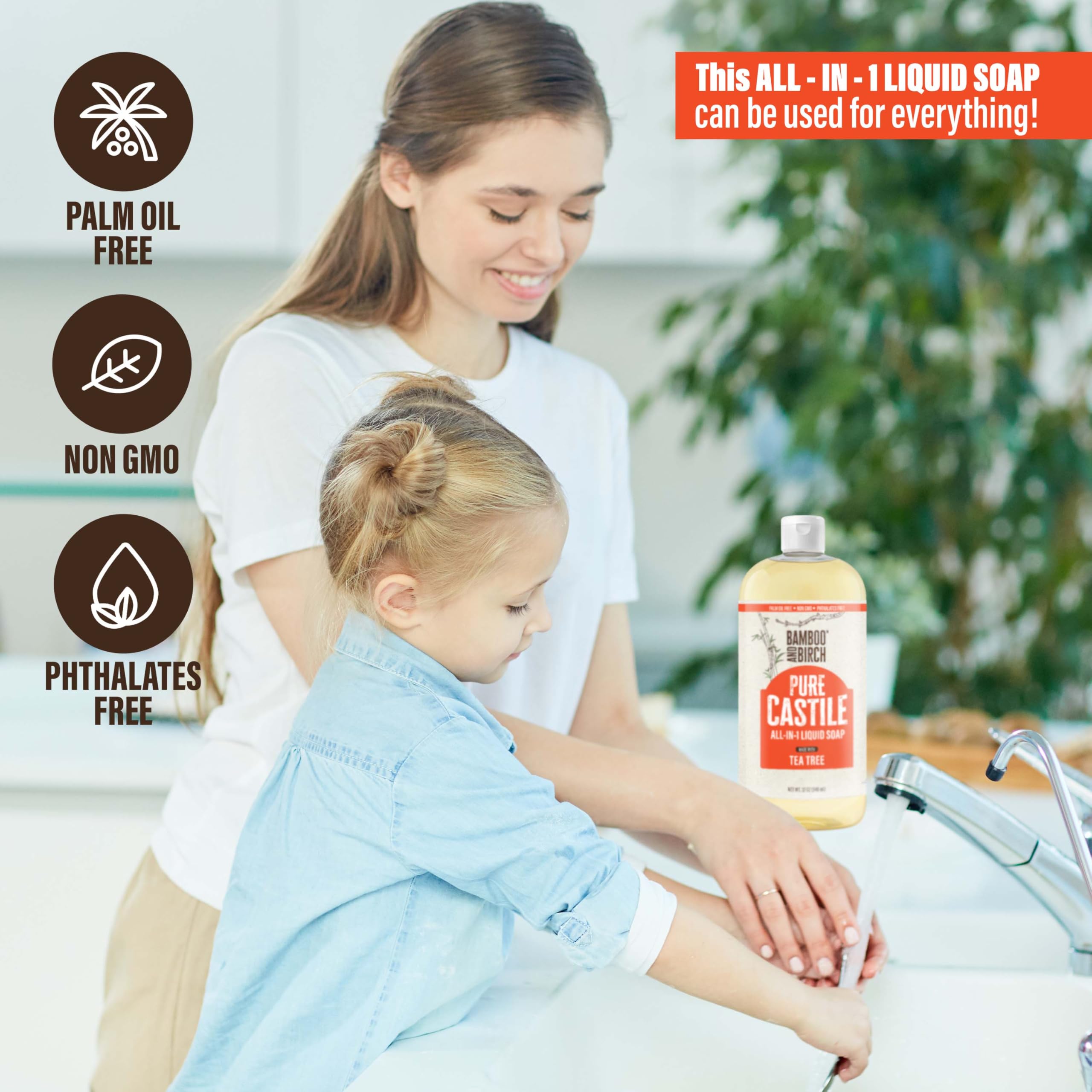 Bamboo And Birch Pure Castile Soap Liquid Organic, Certified Palm Oil Free Natural Soap, Tea Tree, 32 Oz