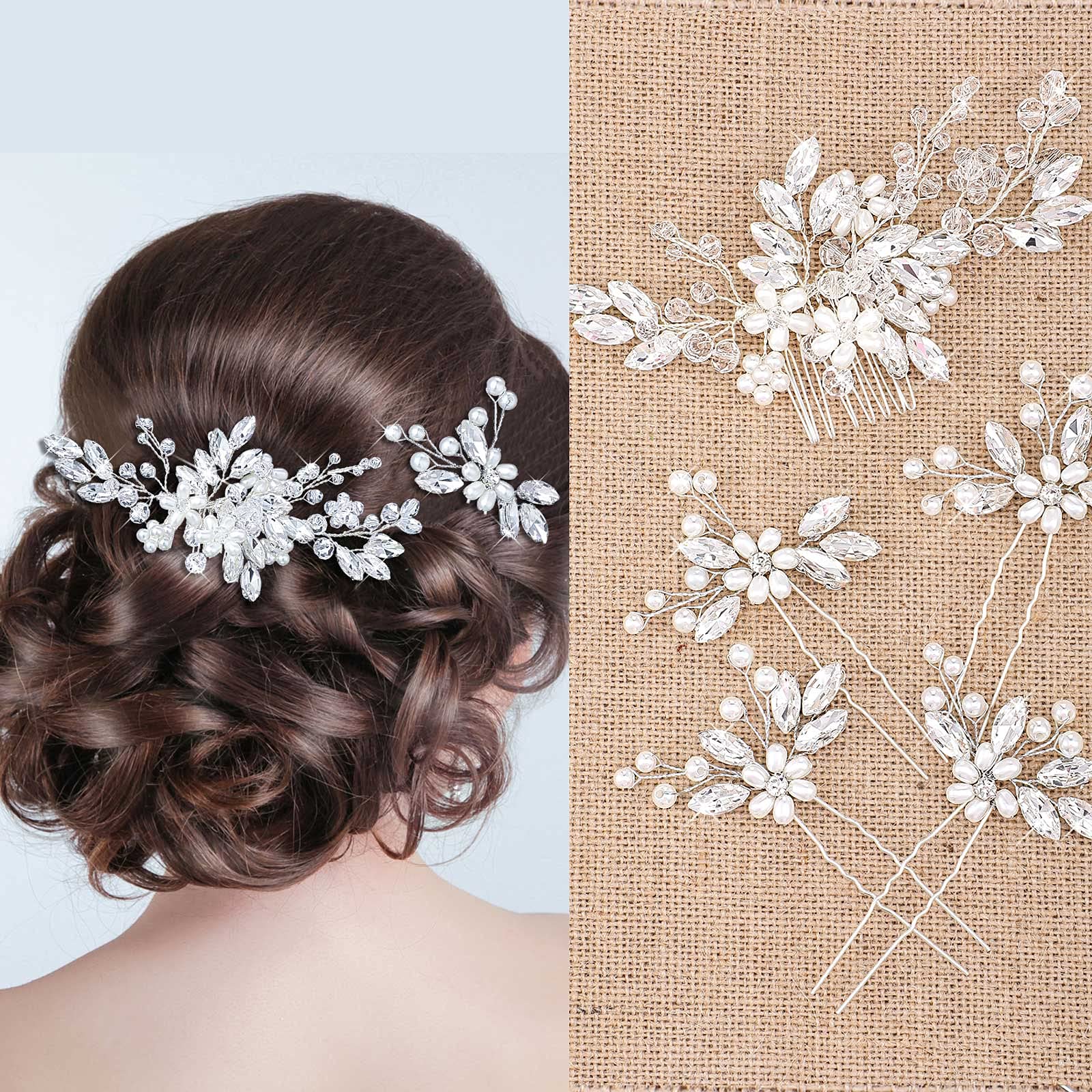 Yeshone 5 Pieces Wedding Hair Comb Bridal Hair Pins Crystal Pearl Hair Accessories Rhinestone Flower Hair Piece for Wedding Brid
