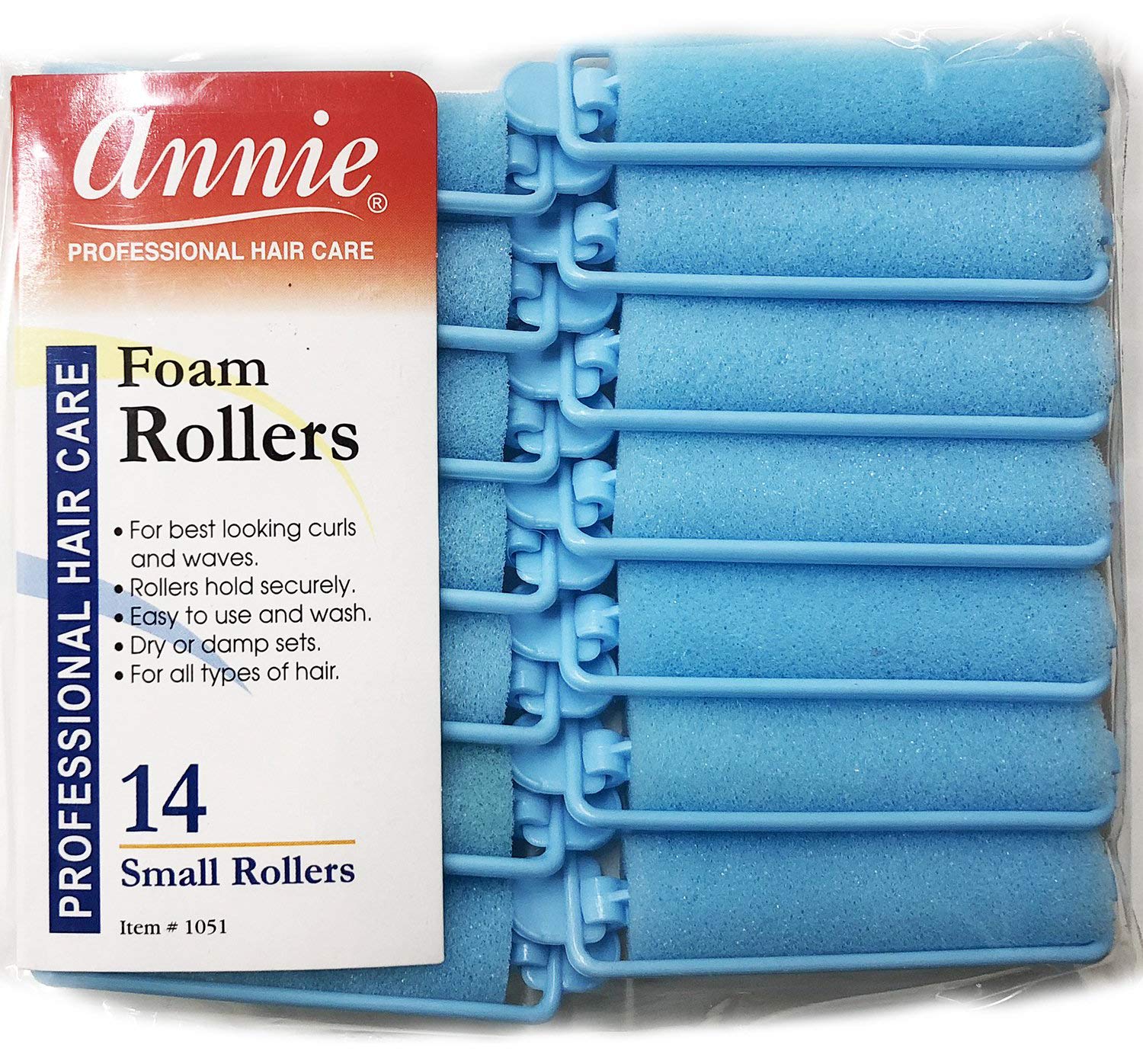 Annie Salon Style Small Foam Hair Rollers - 5/8 Blue - 14 Piece Set - Soft Heat-less Hair Curling Tools