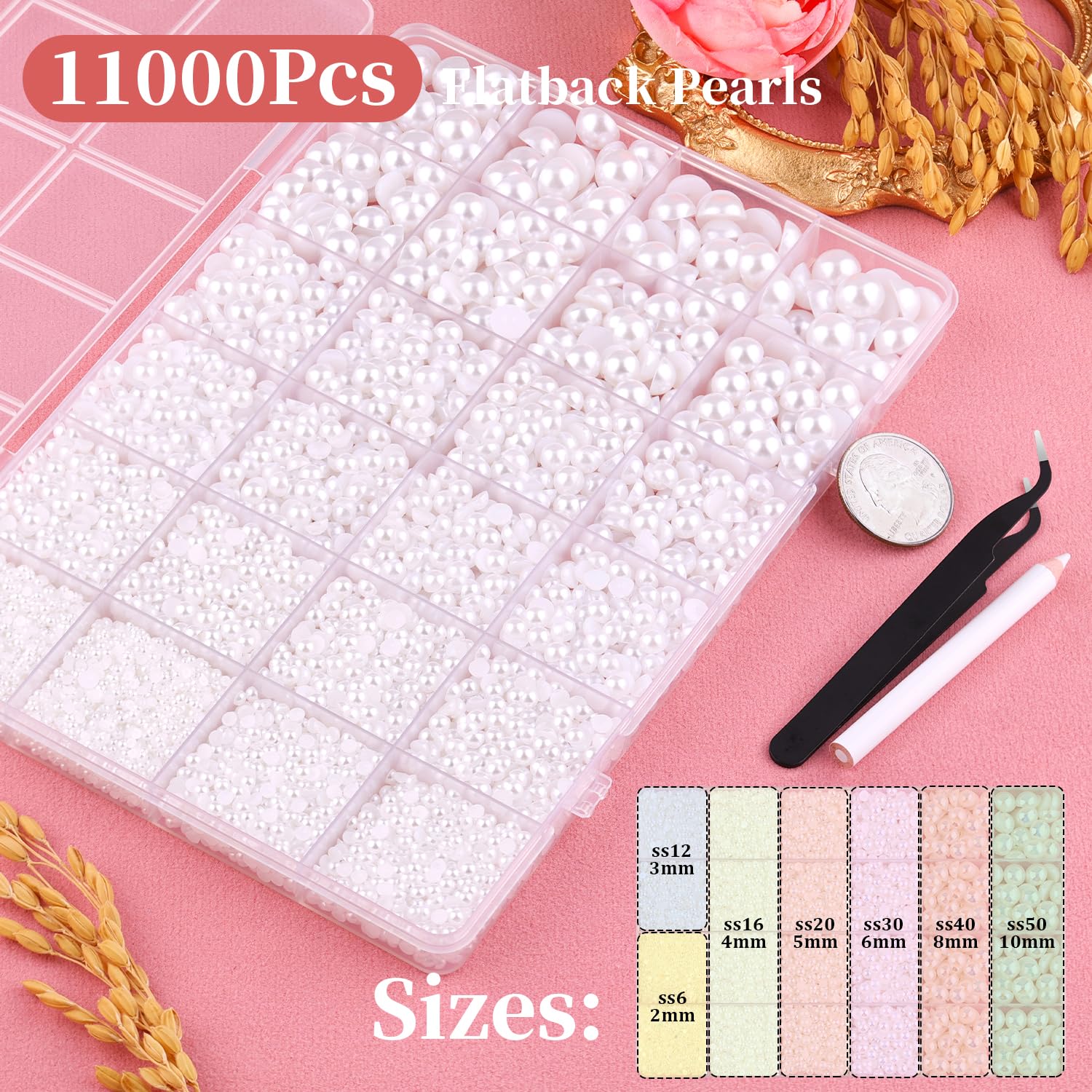 11000Pcs Flatback Pearls For Crafting (White), Assorted Size 2/3/4/5/6/8/10Mm Non Hotfix Half Pearl, Bedazzling Bead For Diy Cra