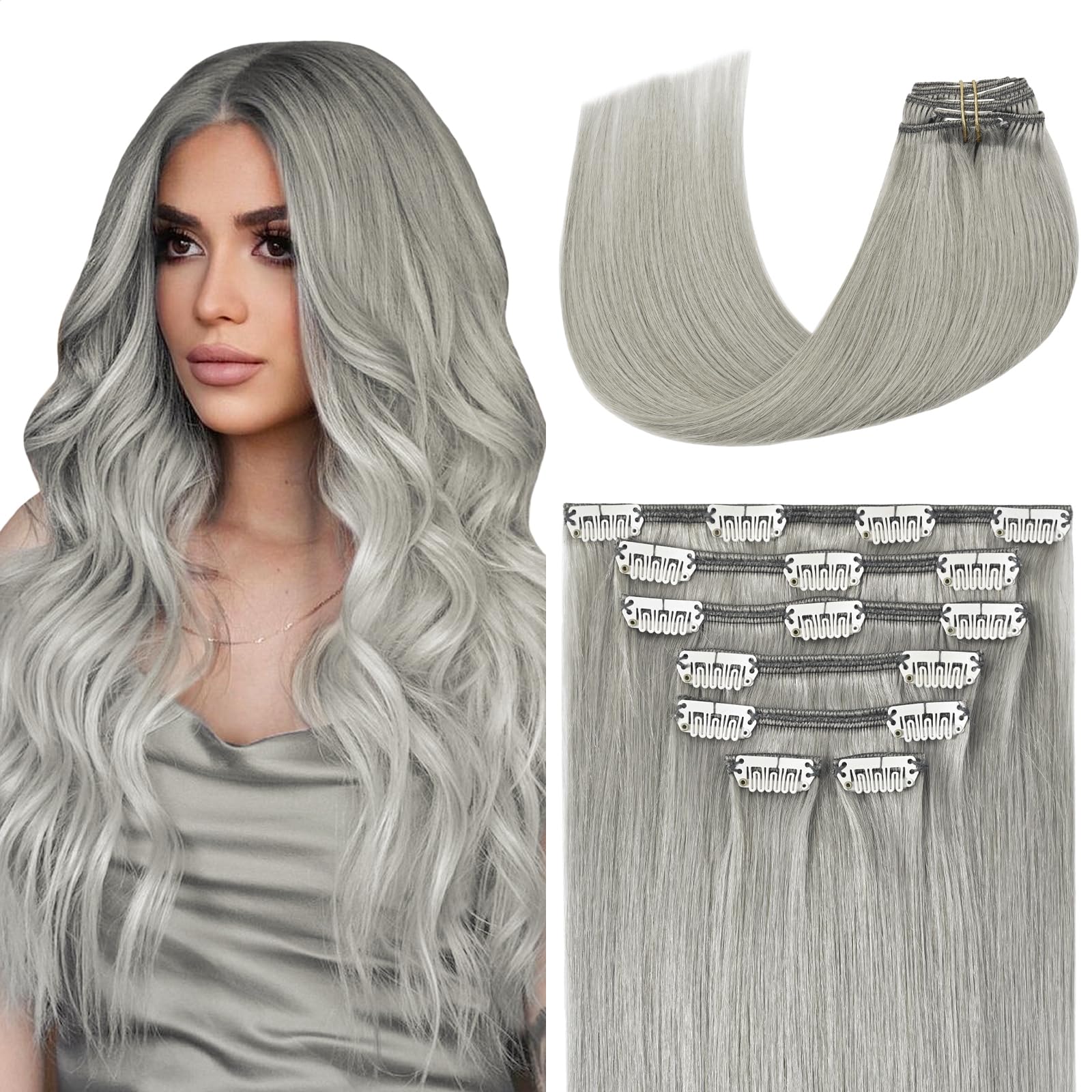 Aison Silver Clip in Hair Extensions Real Human Hair 70G Grey Remy Human Hair Clip in Extensions 18 Inch Soft Silky Straight for