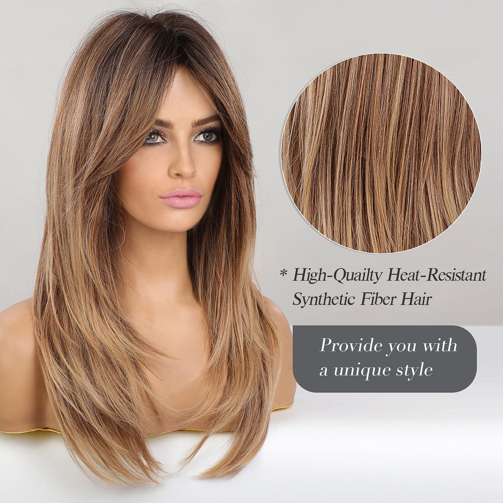 HAIRCUBE Long Ombre Brown Layered Synthetic Curly Wig - 23 Inch, Middle Parting, Women's Hairpiece