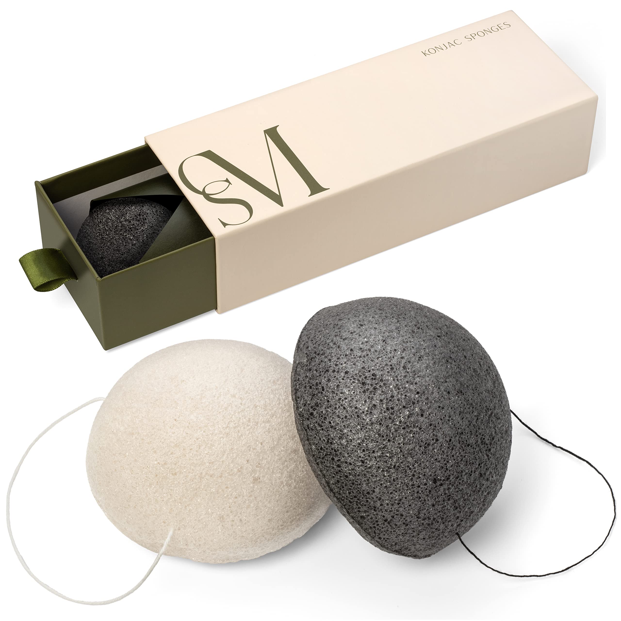CSM Organic Konjac Sponges 3-Pack for Gentle Exfoliating - Facial Cleansing Sponge with Activated Bamboo Charcoal to Clean Pores