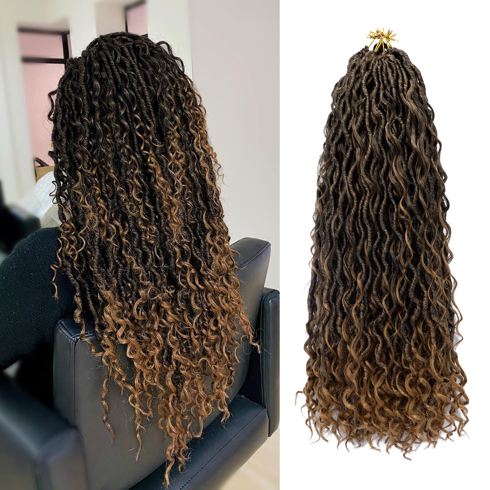 Goddess Locs Crochet Hair 18 Inch 7 Packs Ombre Boho Faux Locs Crochet Hair for Black Women Pre Looped Crochet Locs with Curly E