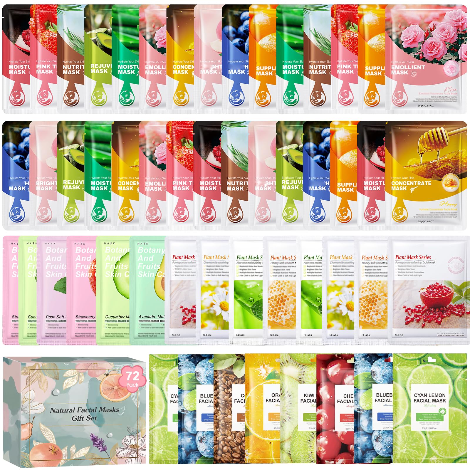 Aottom 72pcs Face Masks Bulk, Face Masks Skincare, Bulk Facial Sheet Masks with Natural Ingredients,Spa Supplies Party Favors, G