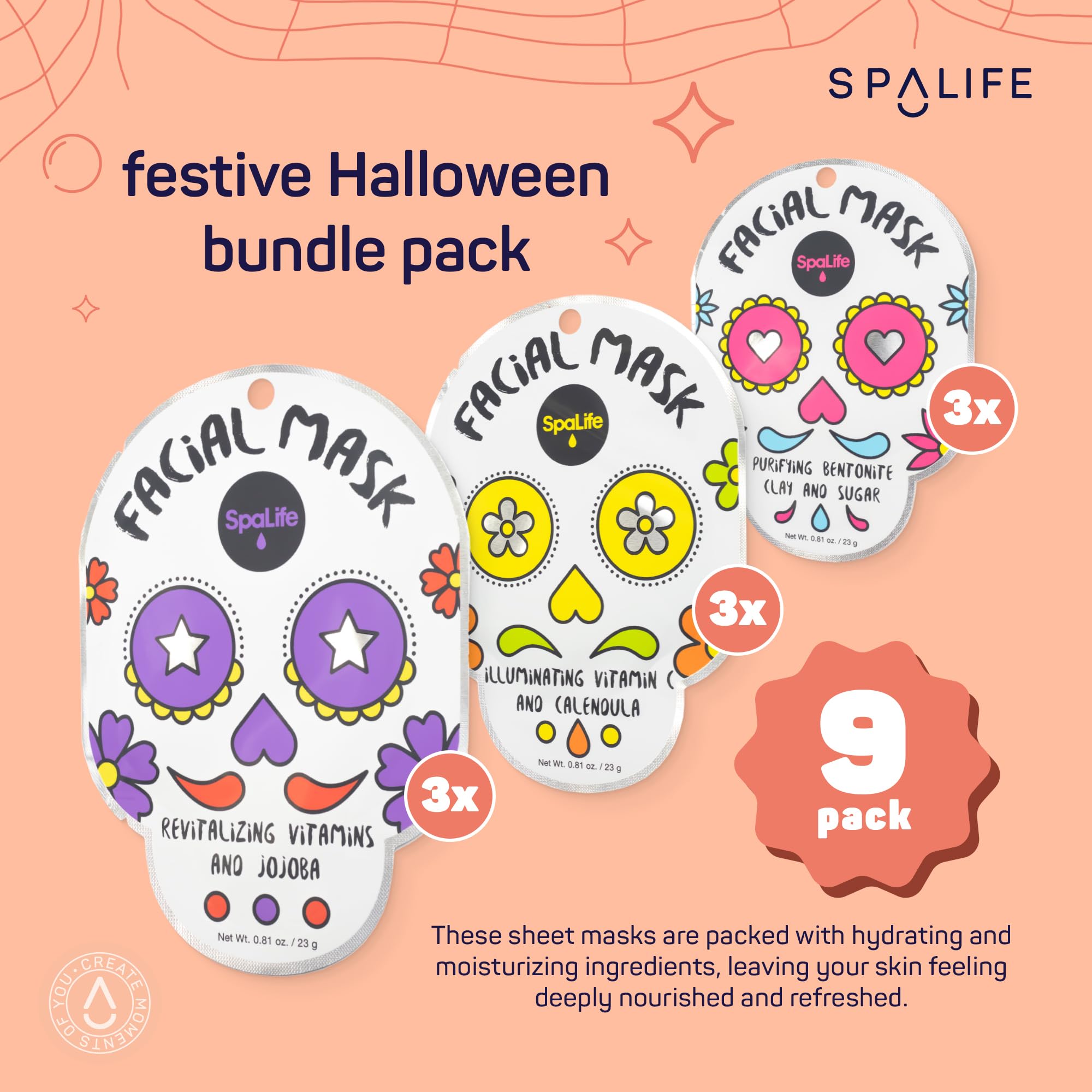 Spalife Dia De Muertos Facial Mask Variety Pack - 9 Count For Hydrating And Refreshing Skin Care Korean Sheet Masks - Moisturizi