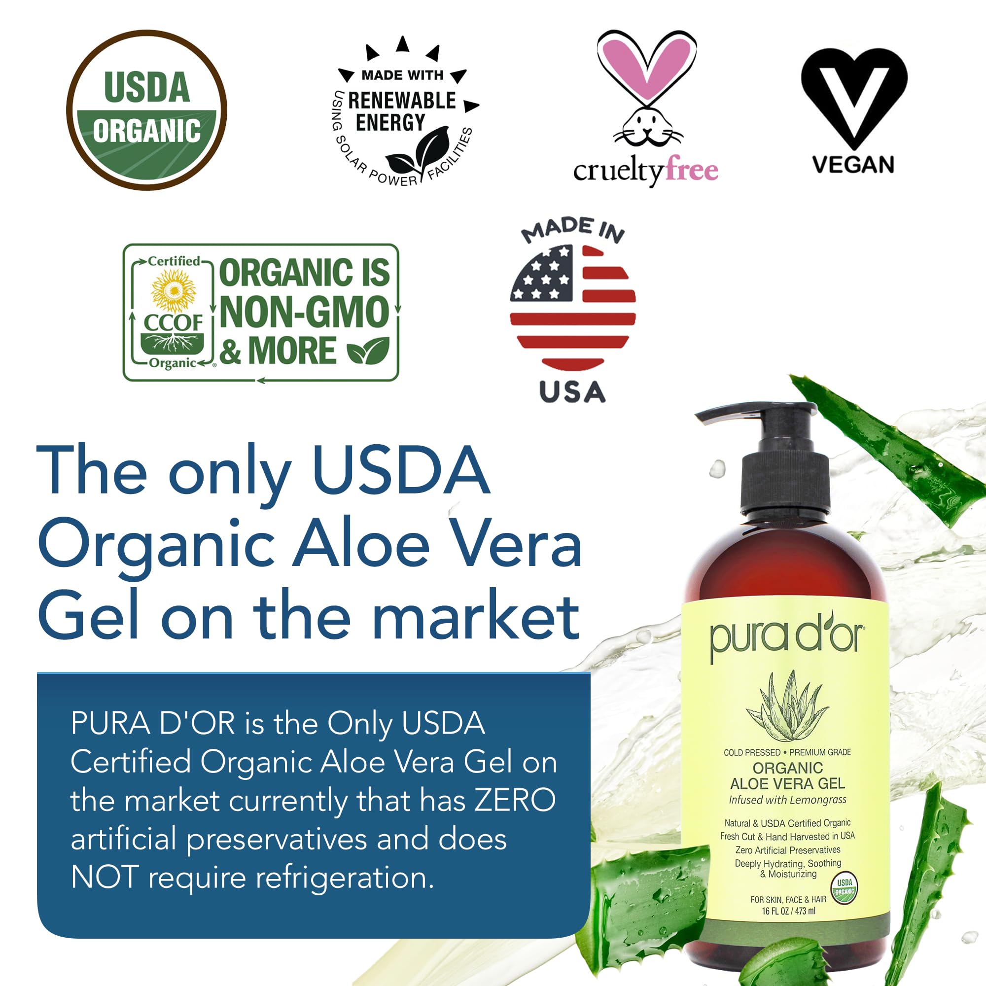 Pura D'Or 16 Oz Organic Aloe Vera Gel - Lemongrass - All Natural - Zero Artificial Preservatives - Deeply Hydrating & Moisturizi