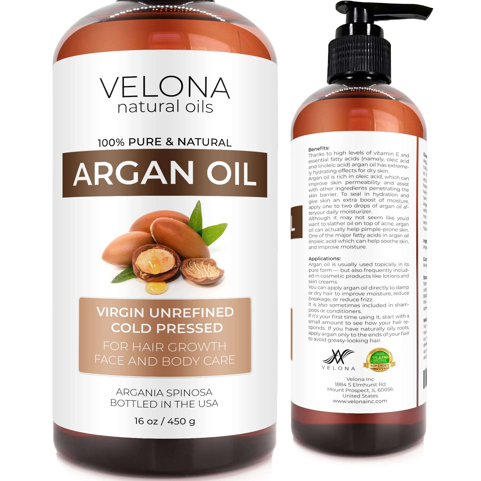 Velona Argan Oil - 16 oz, Unrefined & Cold Pressed, Stimulates Hair Growth, Skin & Nail Care, Morocco Oil