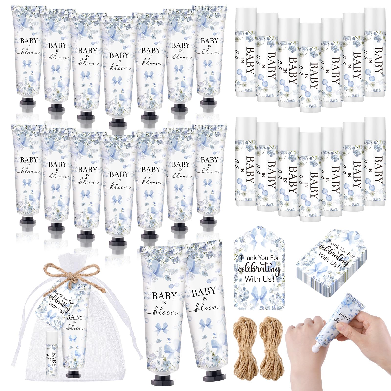Dansib 24 Sets Baby in Bloom Hand Cream and Lip Balm Gift Blue Bow Floral Baby Shower Party Favors for Guest Travel Size Hand Lo