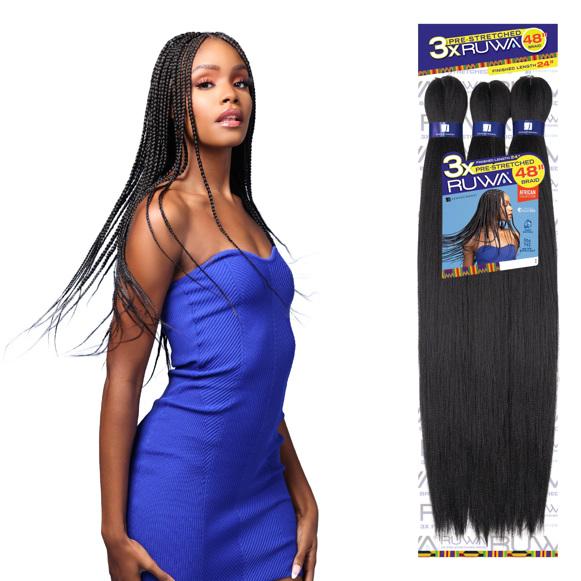 Sensationnel Ruwa Prestretched Braiding Hair - 3X Ruwa 48 Inch 24 Folded Water Repellent Kanekalon Fast Dry Sports Braid - 3X Ru