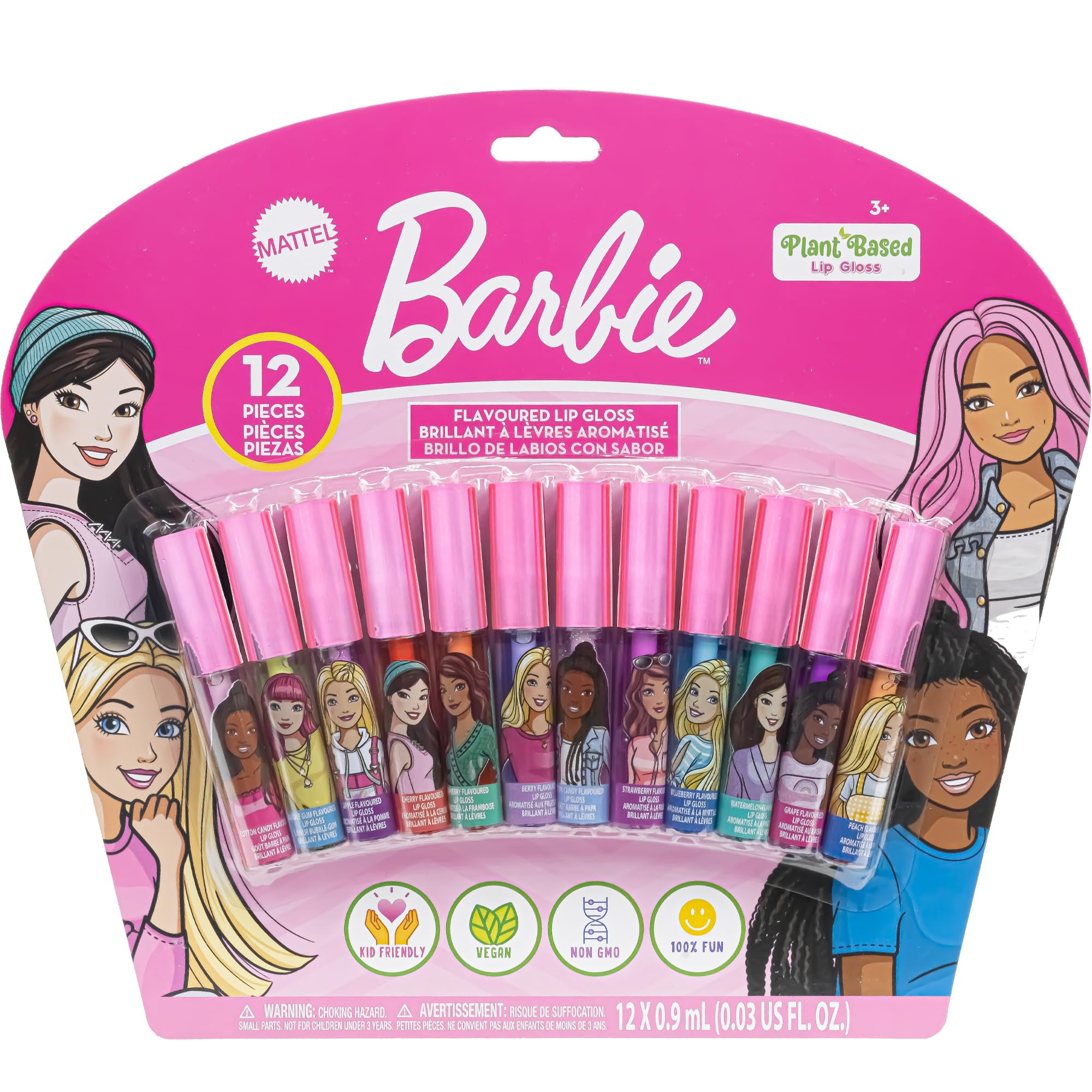 Barbie 12 Piece Plant Based Lip Gloss, Girls Party Favors, First Makeup Set for Girl, Perfect for Parties, Sleepovers, and Birth