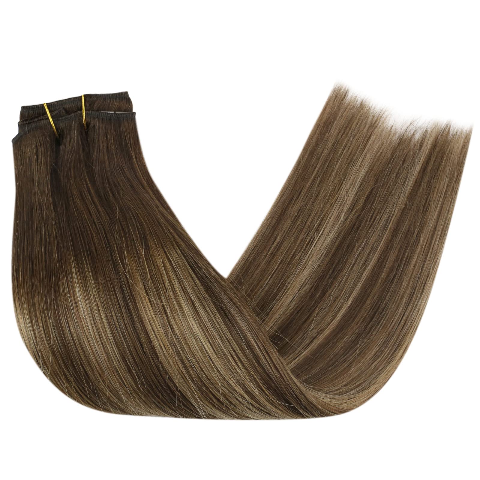 Sunny Balayage clip In Hair Extensions Dark Brown Ombre Blonde with Brown Highlights Human Hair clip In Extensions Balayage Brow