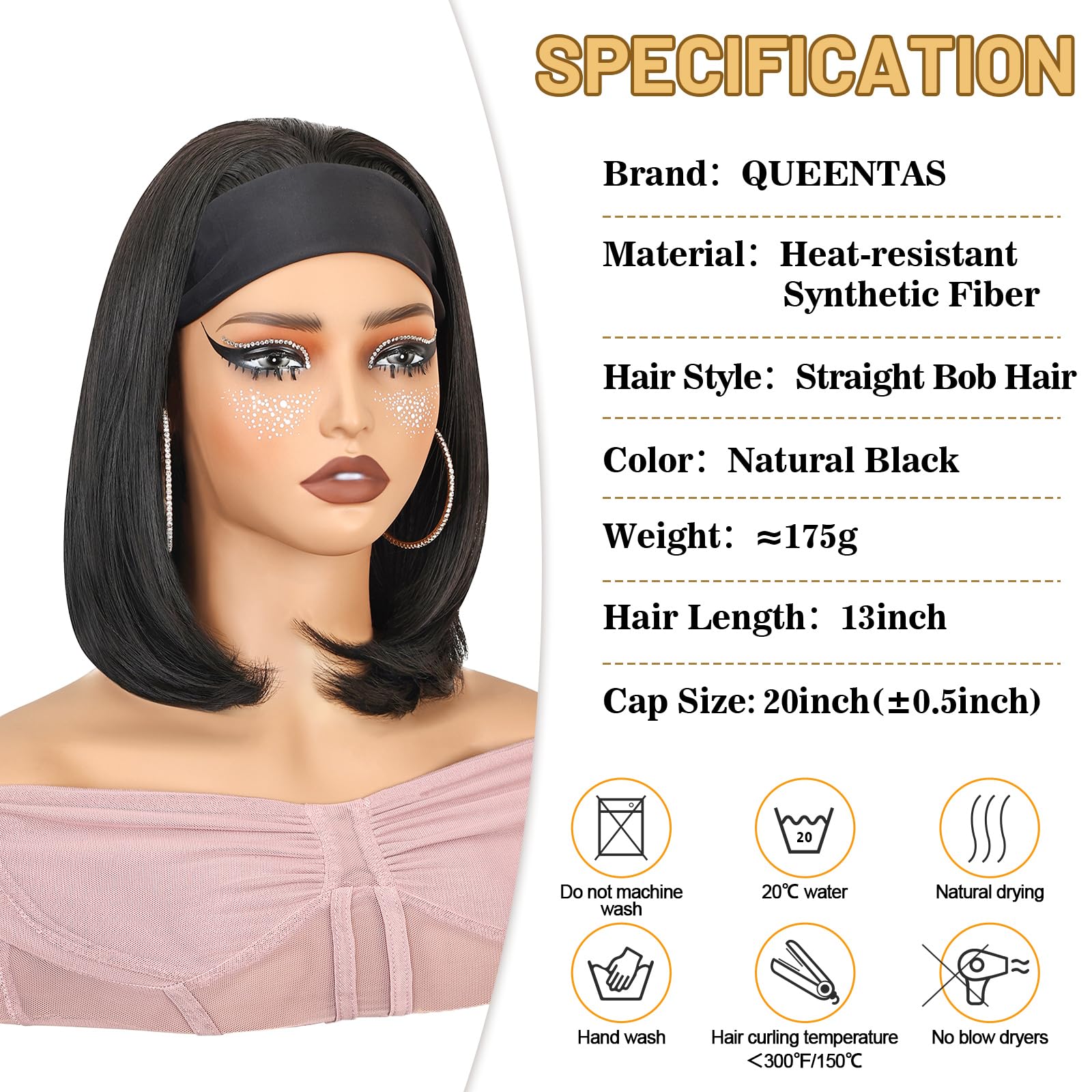 QUEENTAS 13 Bob Headband Wigs for Black Women Natural Black Bob Straight Hair Synthetic Headband Wigs Shoulder Length No Lace Ea