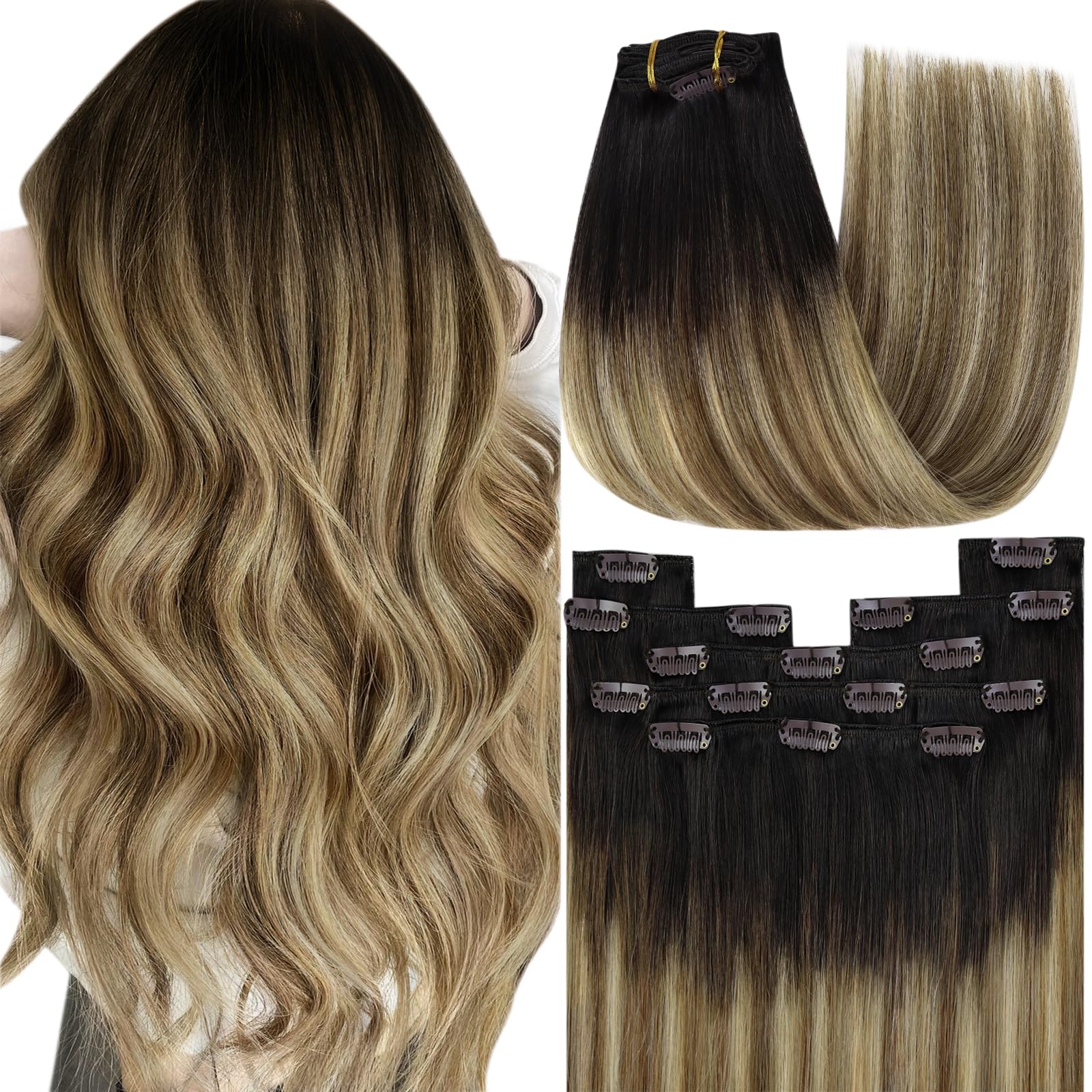 YoungSee 150g Human Hair Clip in Extensions Balayage Dark Brown Roots to Medium Brown with Blonde Ombre Clip on Hair Extensions 