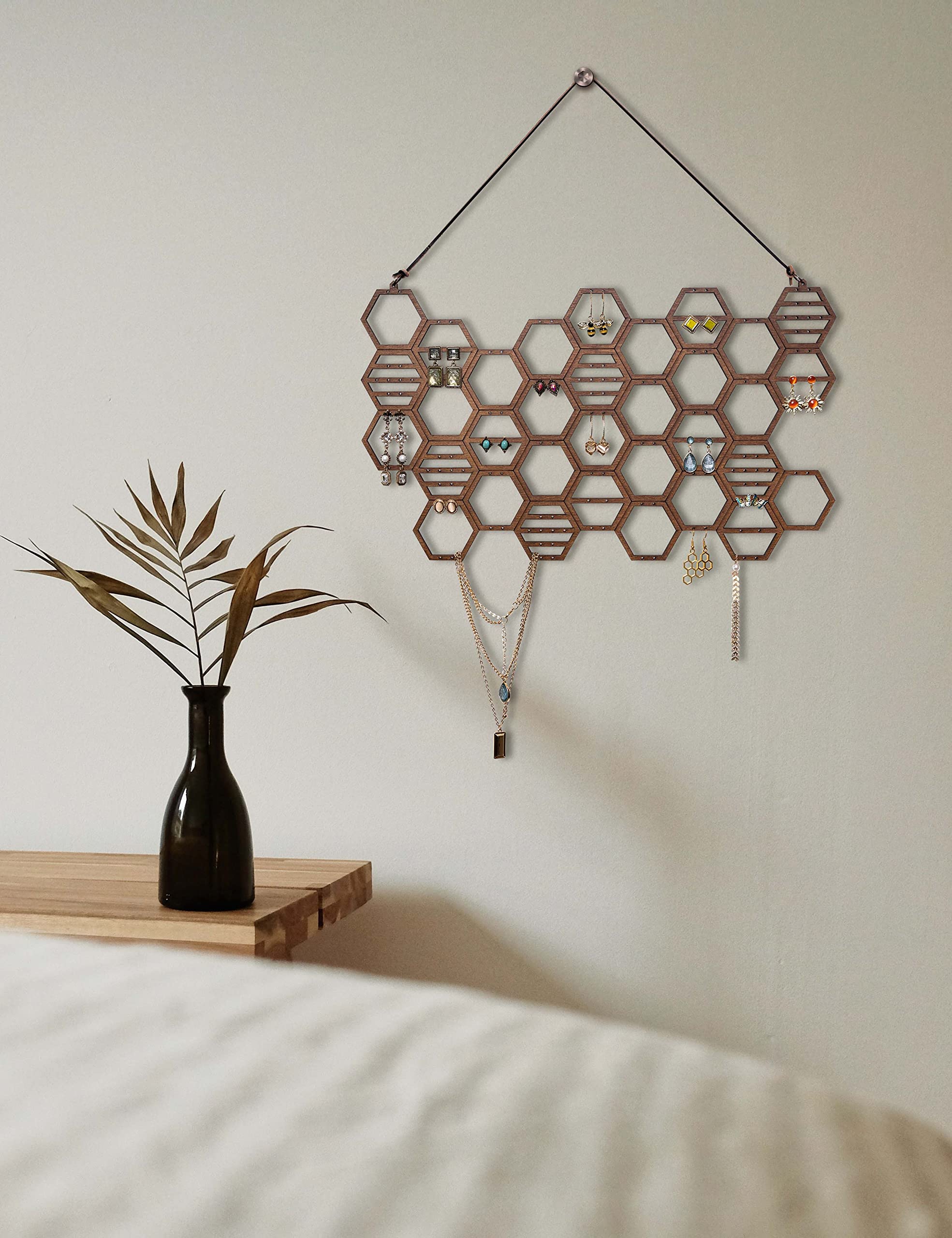 Heesch Honeycomb Earring Organizer Wall Mount Earring Display Wood Hanging Jewelry Organizer for Stud Earrings, Necklaces (Walnu