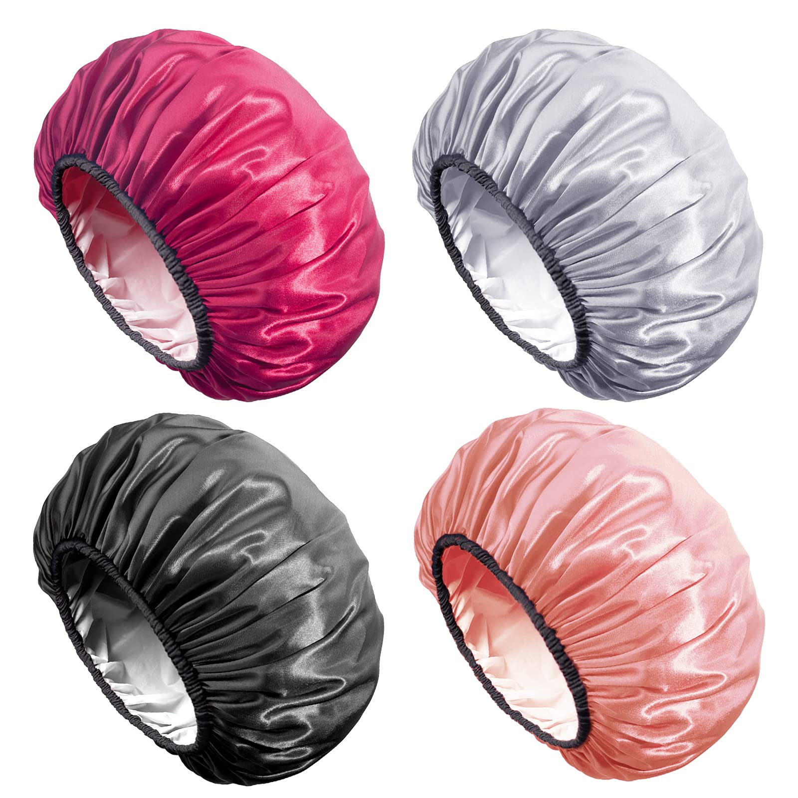 Aquior Shower Caps, Extra Large For Women Long Hair, Double Layer Waterproof Reusable Hair Cap 4 Pieces