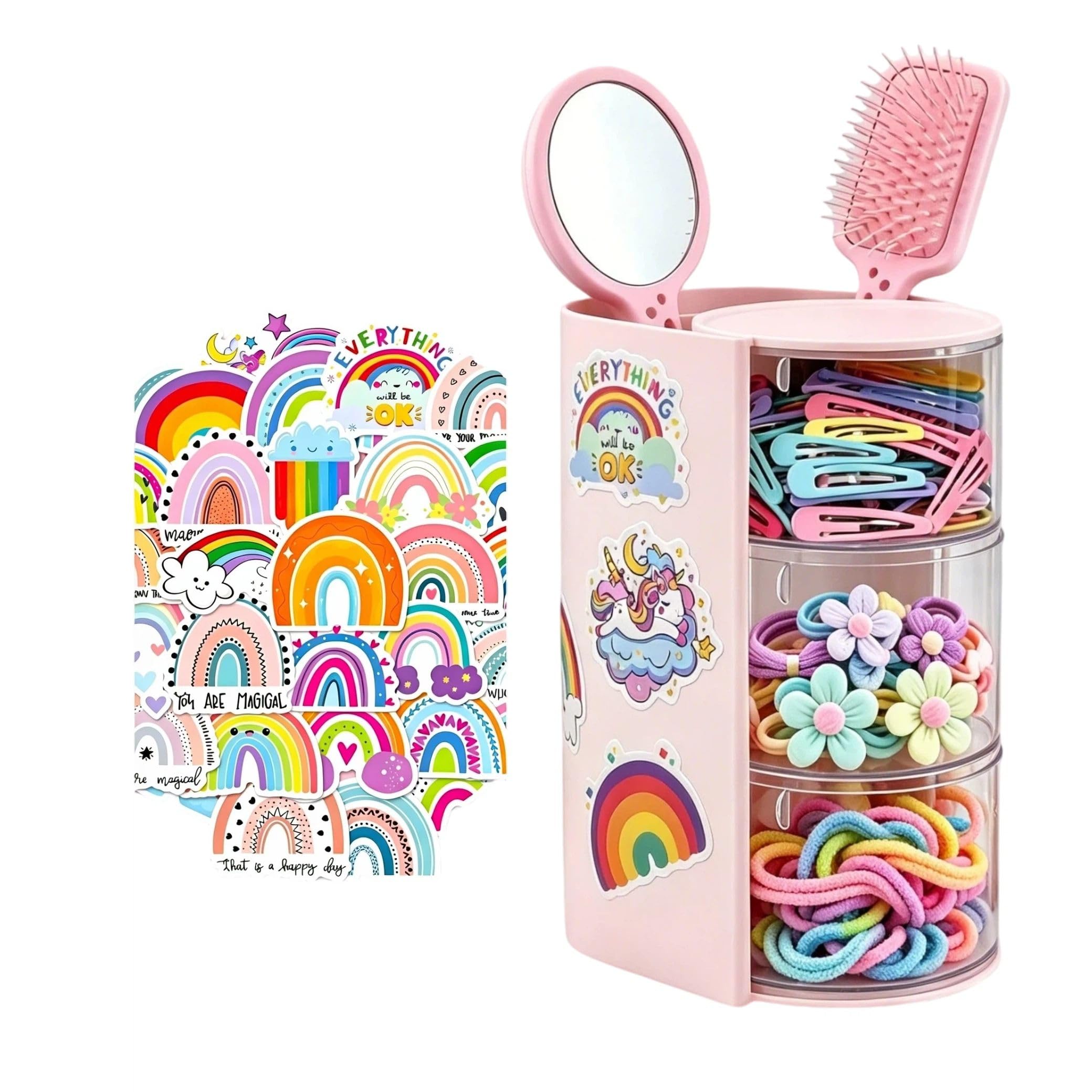 Fruobeyla Hair Tie Organizer and Brush Holder with 50pcs Rainbow Stickers