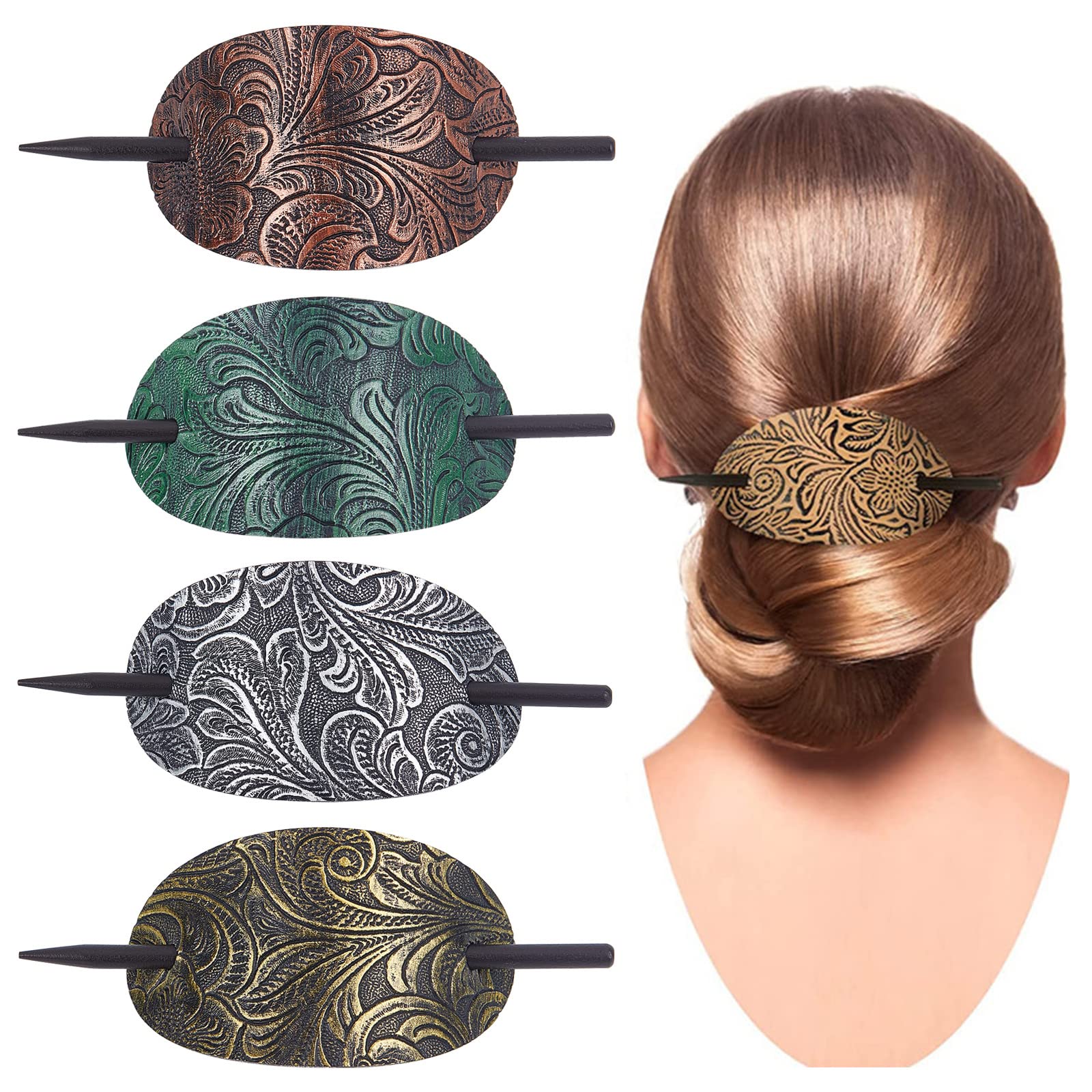 NICENEEDED 4Pcs Leather Hair Barrettes, Vintage Faux Leather Hair Clips with Stick, Oval Shape Leather Ponytail Holders Hair Sli