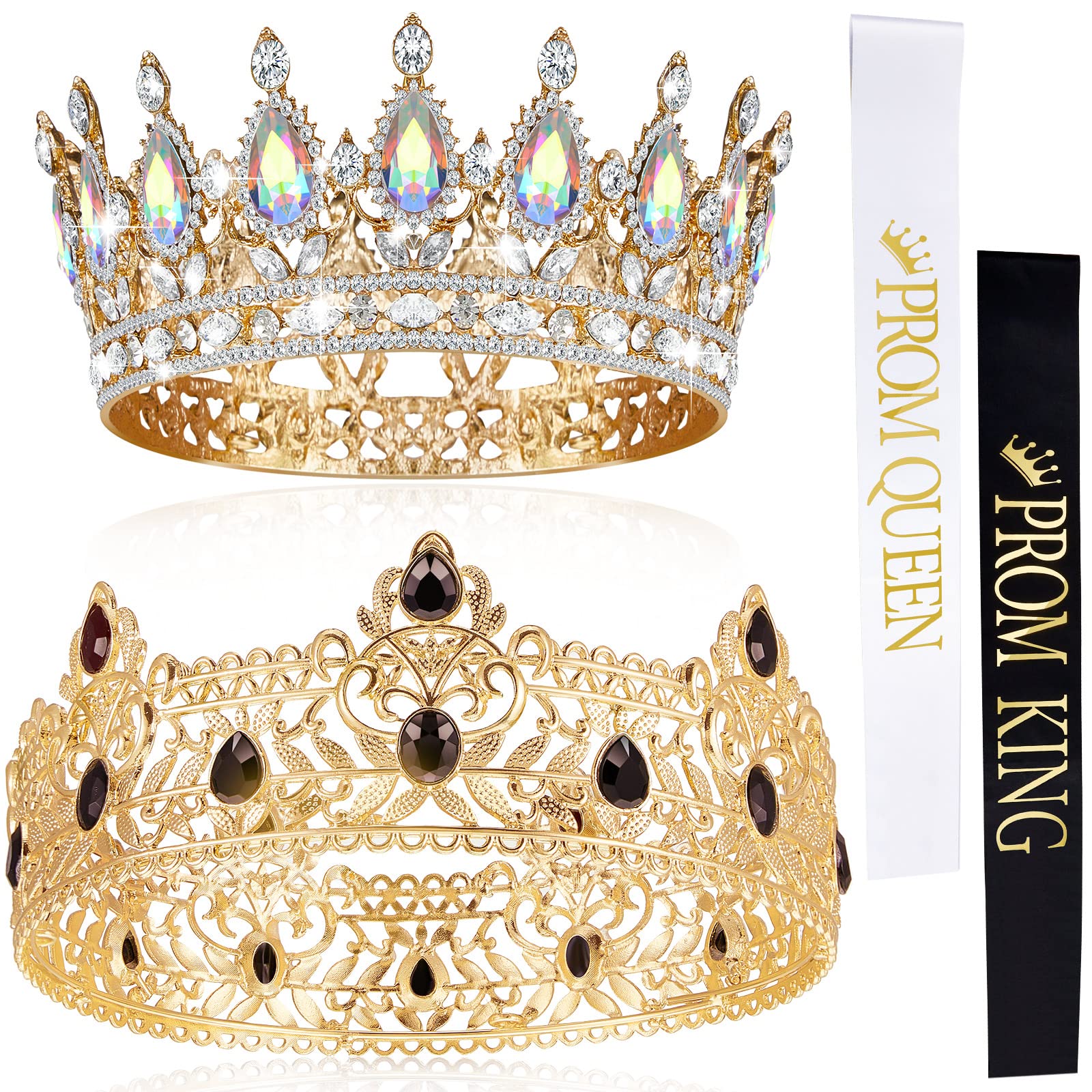 4 Pieces Gold King Crown Tiara Crowns for Men Women Prom Queen and King Satin Sash Rhinestone Crown for Wedding Graduation (AB D