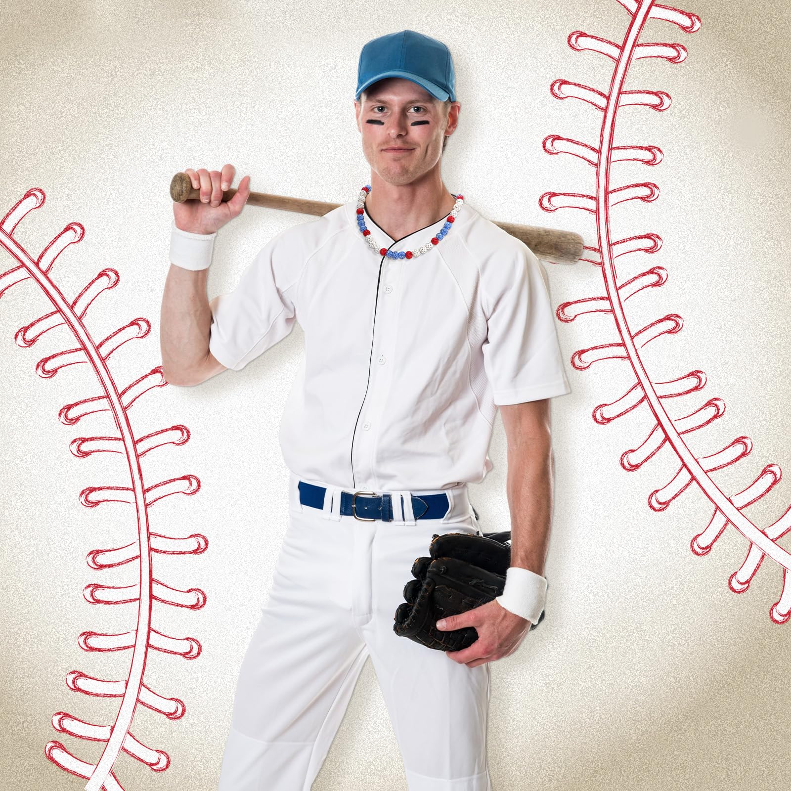 Liliaafar 6 Pcs Baseball Beaded Necklace for Teenager Bling Rhinestone Clay Beaded Necklace Gifts for Sports Team Fans(Light Blu