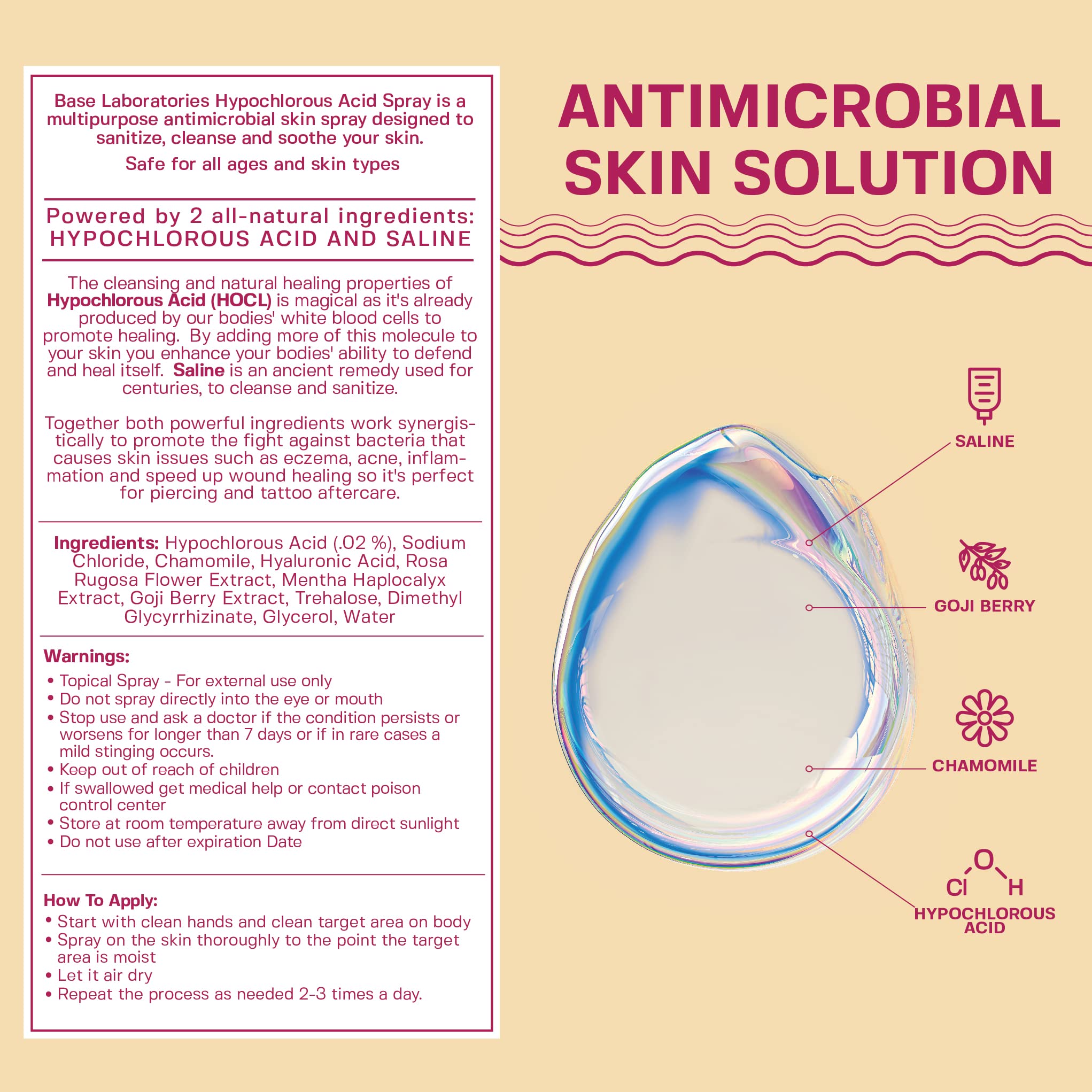 BASE LABORATORIES Hypochlorous Acid Spray for Face & Skin | Healing Topical Skin Repair Solution | Wounds, Irritations, Facial C