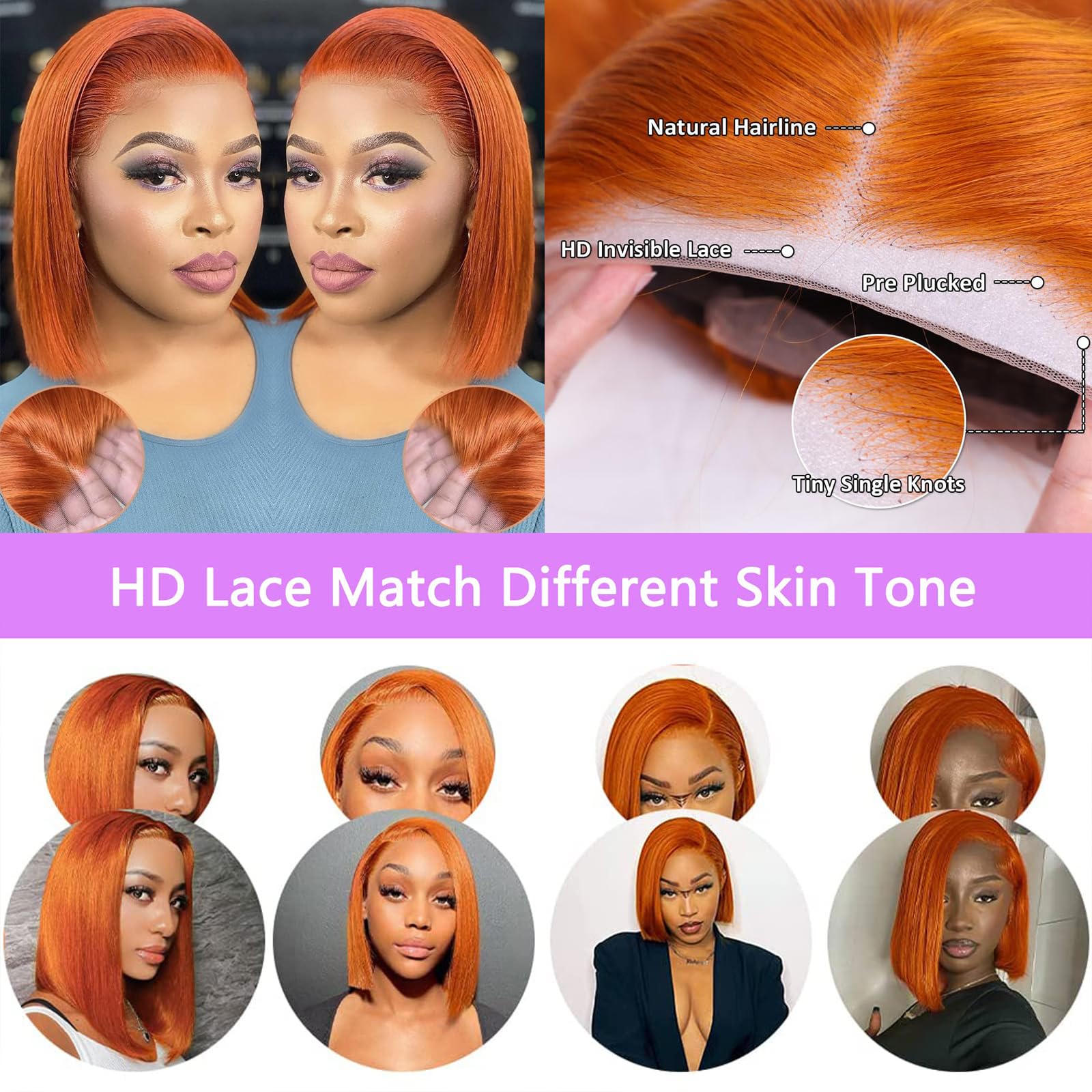 13X4 Hd Ginger Bob Wigs Lace Front Human Hair Glueless Ginger Orange Bob Lace Front Wigs Human Hair Pre Plucked With Baby Hair G