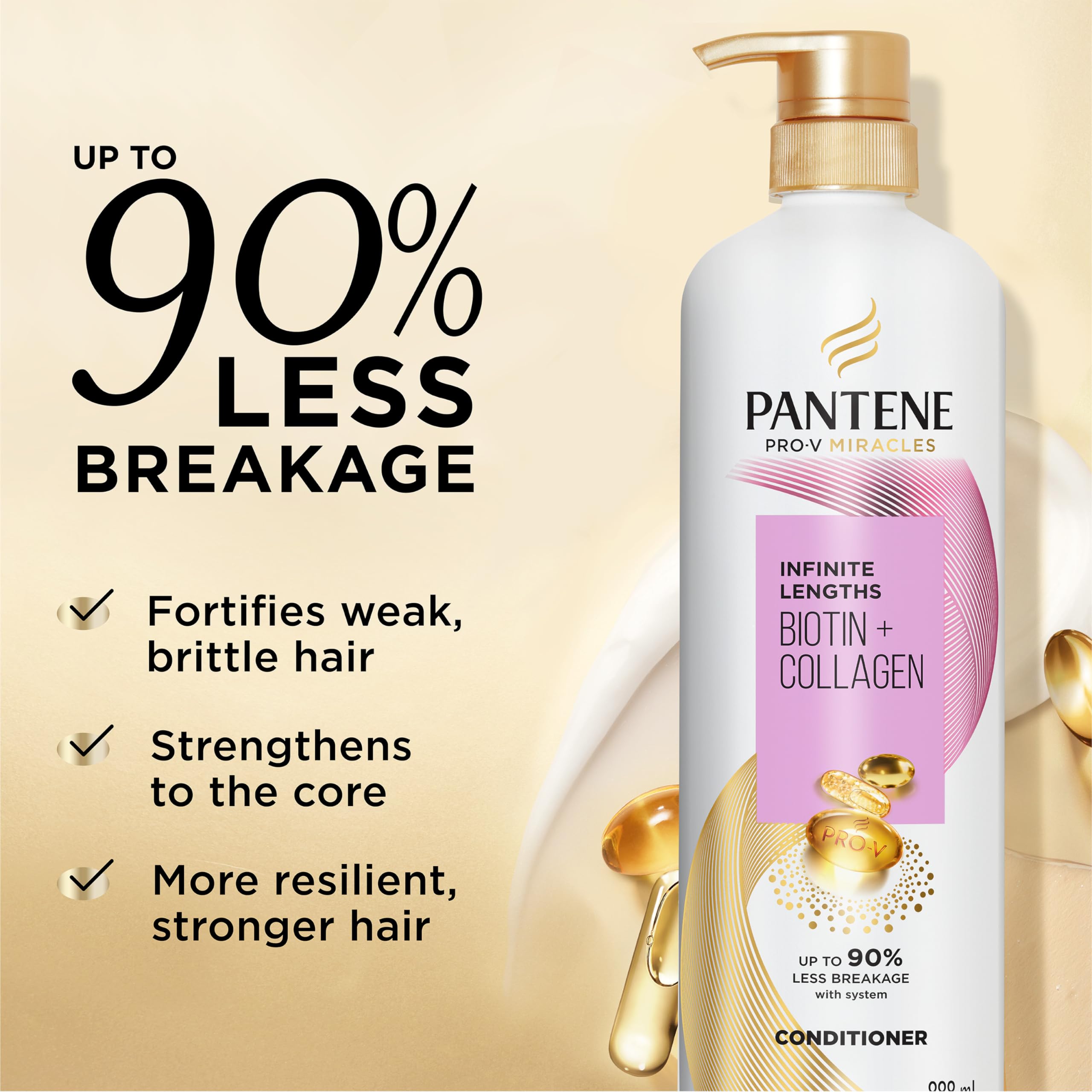 Pantene Infinite Lengths Conditioner with Biotin + Collagen, Strengthens Brittle Hair, Up to 90% Less Breakage, 1 Minute Miracle