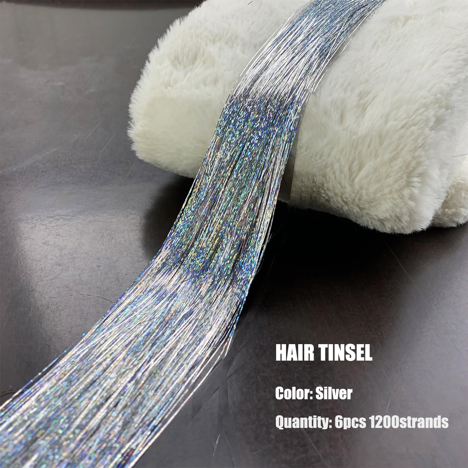 YOOONXI Silver Hair Tinsel Kit - 6pcs Heat Resistant Glitter Hair Extensions, 47 Inch, for Women, Girls, Kids