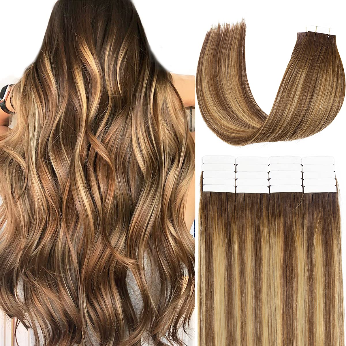 Loxxy 20Pcs 30G Tape In Hair Extensions Human Hair Chocolate Brown To Caramel Blonde Remy Human Hair Extensions Balayage Seamles