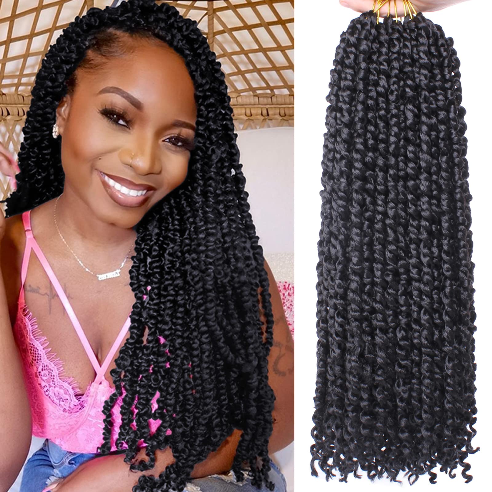 Leeven 8 Packs Pre-Looped Goddess Passion Twist Braiding Hair With Curly Ends Natural Black 18 Inch Long Bohemian Pre-Twisted Pa