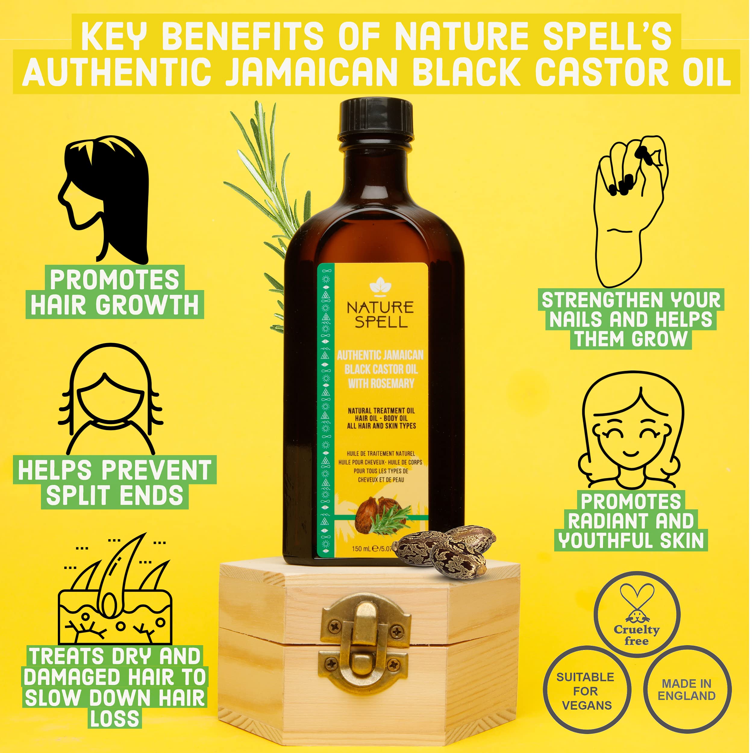 Nature Spell Jamaican Black Castor Oil Infused With Rosemary For Hair & Body, Strengthen Hair Roots & Treat Damaged Hair, 5.07 F